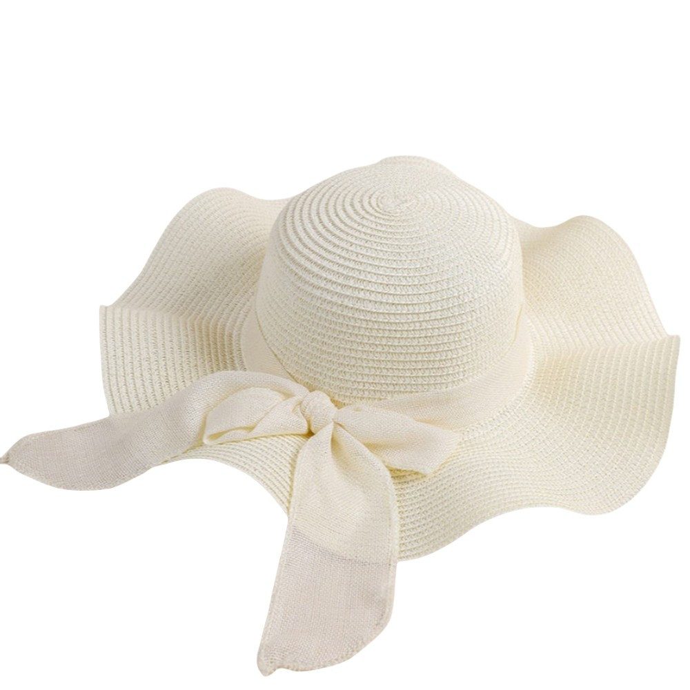 Zaewry Strohhut Damen faltbar Sonnenhut Sommerhut Strandhut Straw hat Einheitgröße wellenförmiger Rand