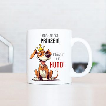 Cadouri Tasse SCHEISS AUF DEN PRINZEN Kaffeetasse mit Spruch - für Hundefreunde, Keramik, mit Hundespruch, beidseitig bedruckt, handgefertigt, Geschenk, 330 ml