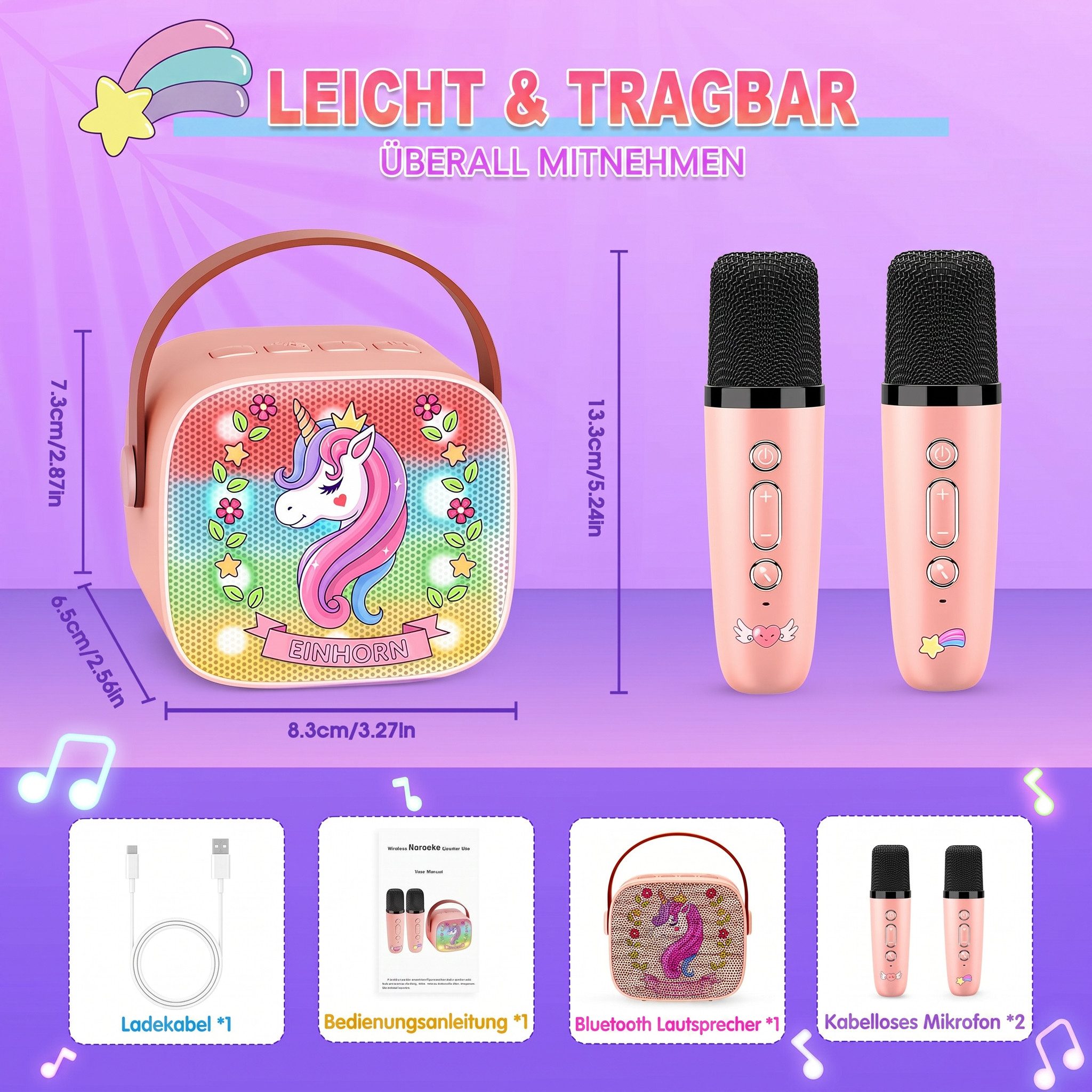 Wootoy Kinder-Lautsprecher Karaoke-Set mit 2 Mikrofonen Einhorn Geschenke Karaoke-Maschine (HiFi-Stereosound Rauschreduzierung und Stimmveränderung)