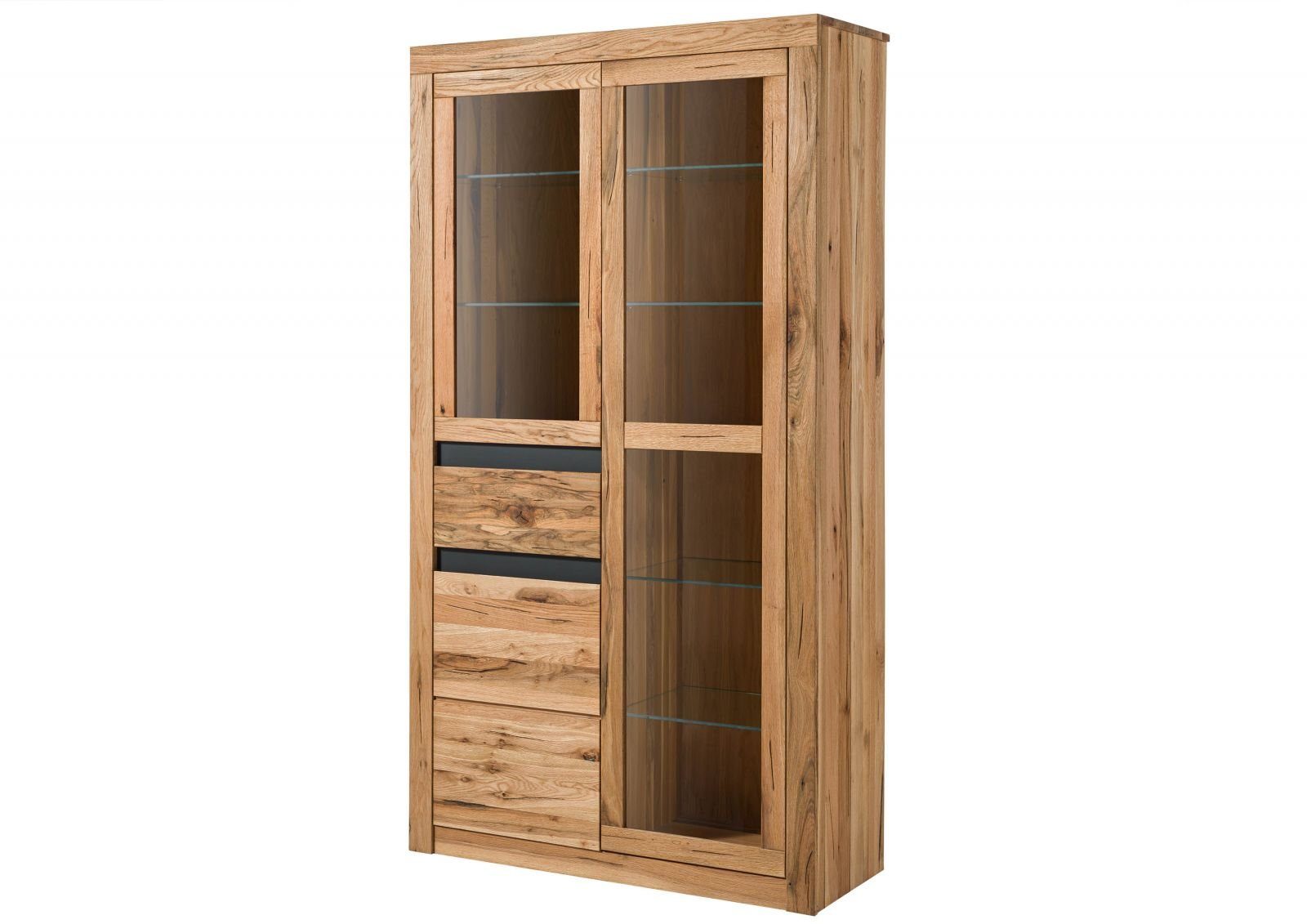 Massivmoebel24 Standvitrine (Vitrine Wild-/ Zerreiche 110x42x200 Eiche natur geölt MONTREUX #118) Vitrine Wild-/ Zerreiche 110x42x200 Eiche natur geölt MONTREUX #118