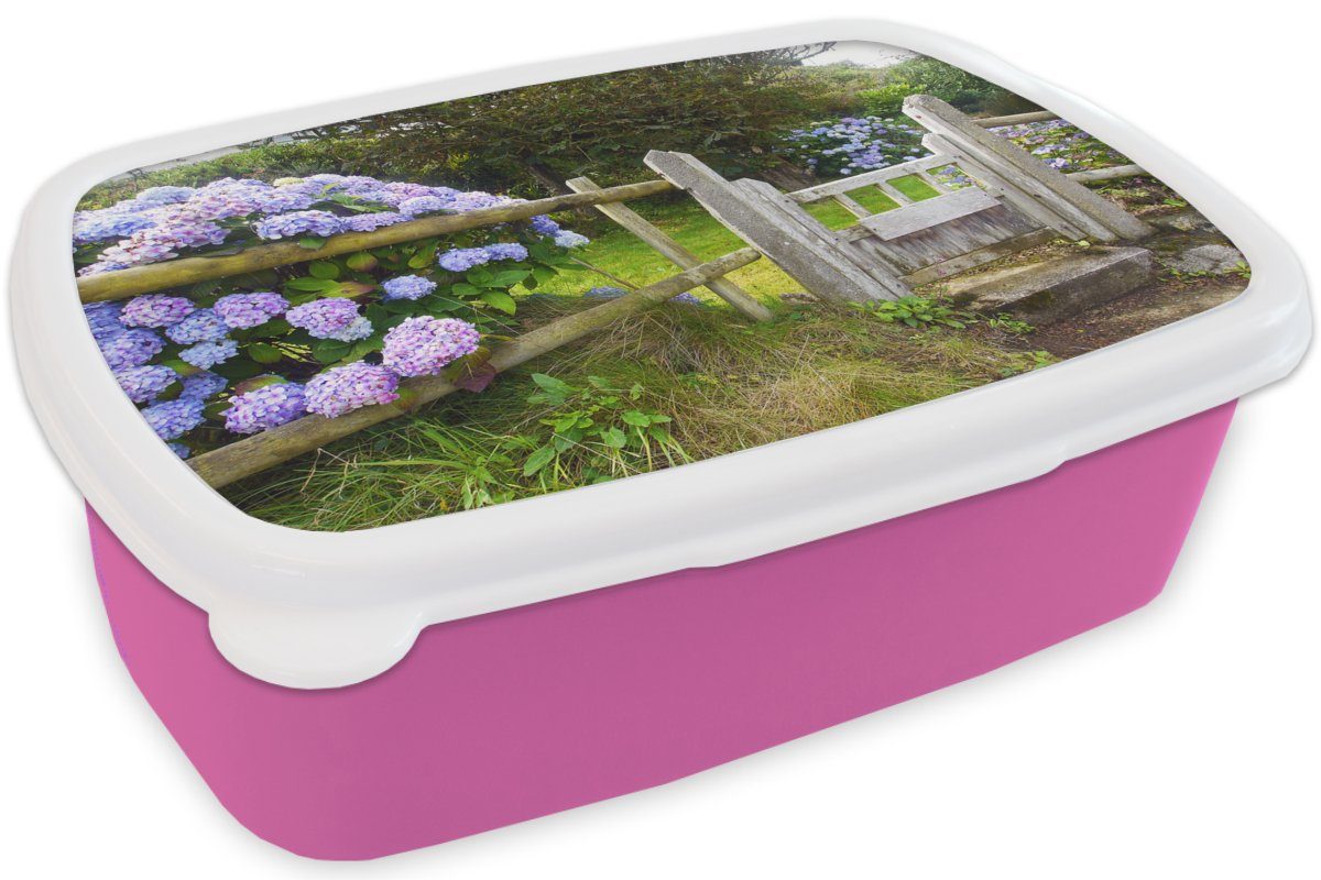 Cottage-Garten Kunststoff Kunststoff, Brotdose Lunchbox Brotbox mit Mädchen, Erwachsene, Hortensien, (2-tlg), für MuchoWow rosa Kinder, Snackbox,