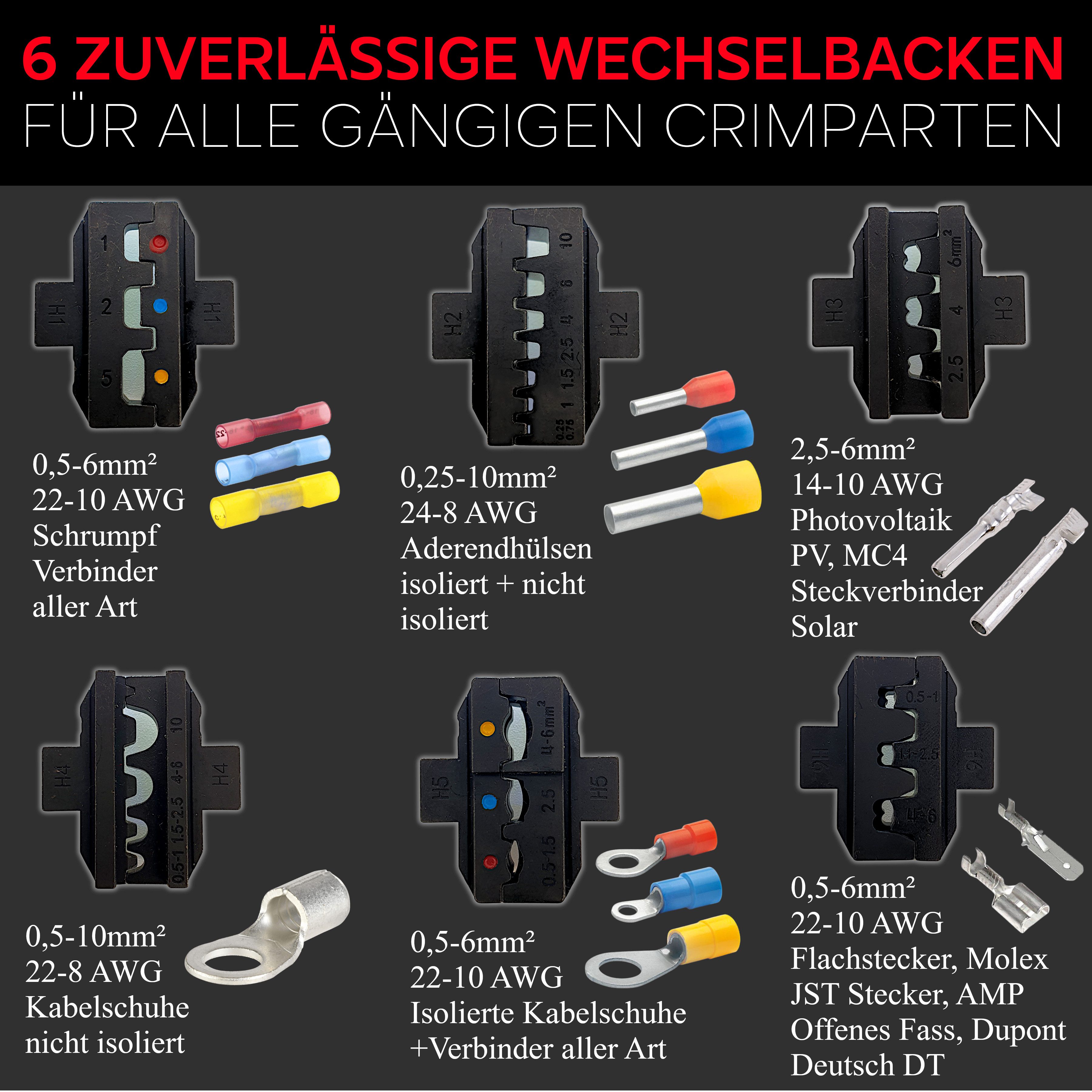 ALPHATEC® Crimpzange Crimpzangen Set mit Wechselbacken inkl. Abisolierzange 0,25-10mm² 8tlg, Kabelschuhe, Aderendhülsen, Flachstecker, Quetschverbinder, MC4, So – Bild 3 von 5