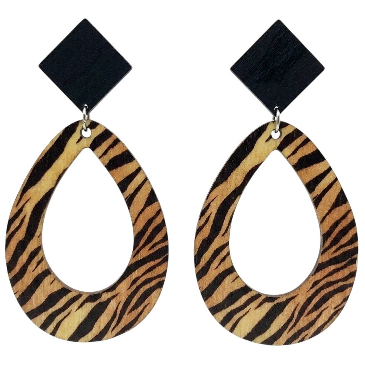 KARMA Paar Ohrhänger XL Damen Ohrringe Zebra od. Leo Weiß Braun (Statementohrringe, 2-tlg., Sommer Accessoire Statement-Ohrschmuck), 7,5 cm Holz modern Damenohrringe groß