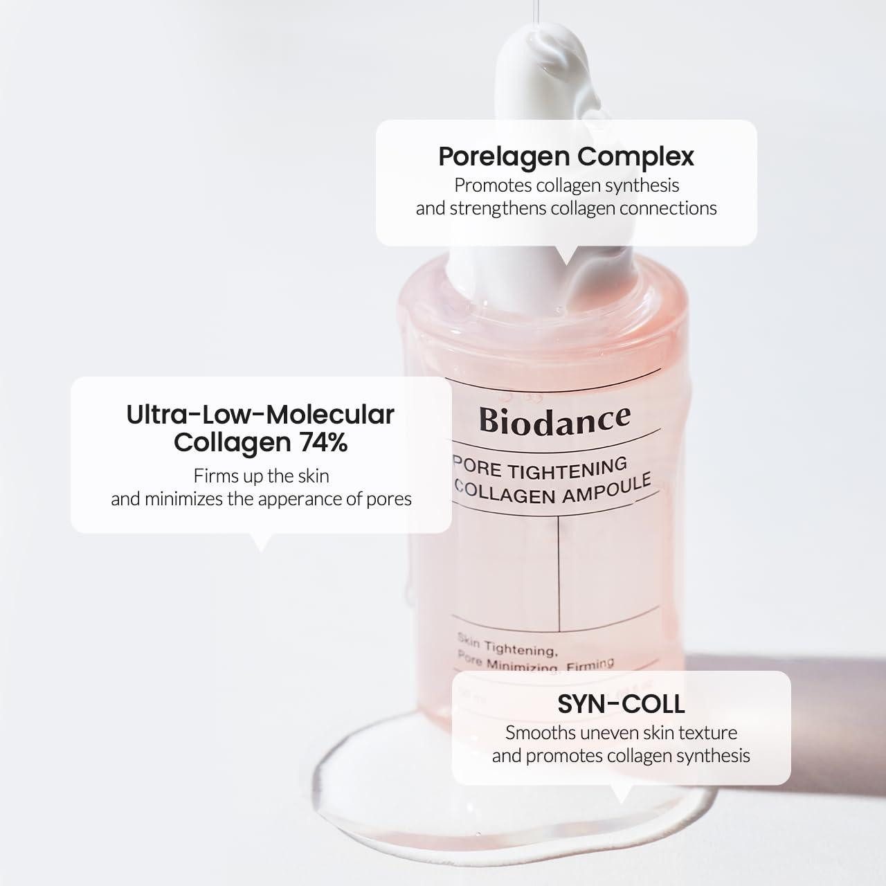 Biodance Gesichtsserum Pore Tightening Collagen Ampoule 50 ml – Porenstraffendes Serum für glatte, elastische Haut, 10 Arten Hyaluronsäure, Elastin, Ultra-niedermolekulares Kollagen, Peptid SYN-COLL