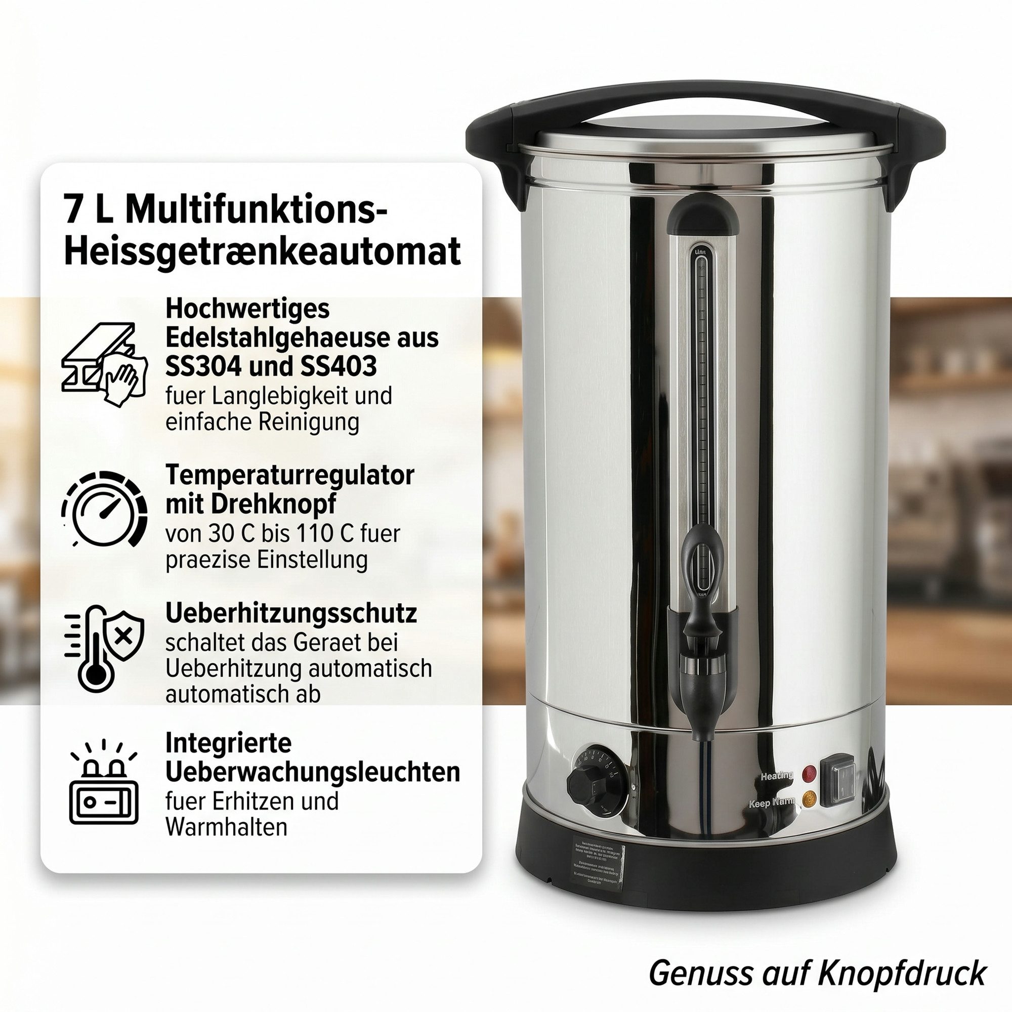 Mucola Heißgetränke- und Glühweinautomat Einkochautomat 7 L Glühweinkocher Glühweinkessel Glühweinkessel, 1500 W, Schaltet sich bei Überhitzung automatisch ab