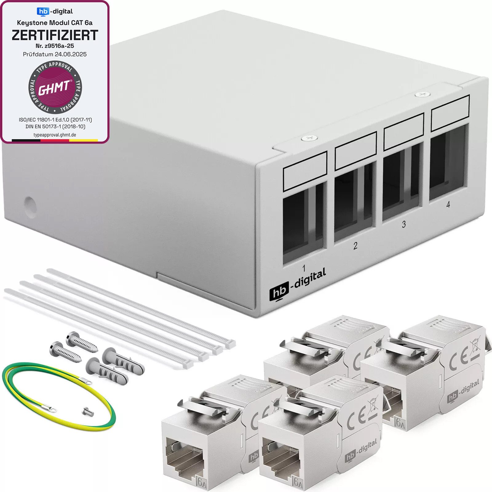 HB-DIGITAL hb-digital Patch Panel 4 Port mit 4 x Keystone Module Cat 6a Netzwerk-Panel (4 Port CAT 6a, 1 HE, mit Cat 6a Keystone Modul RJ45)
