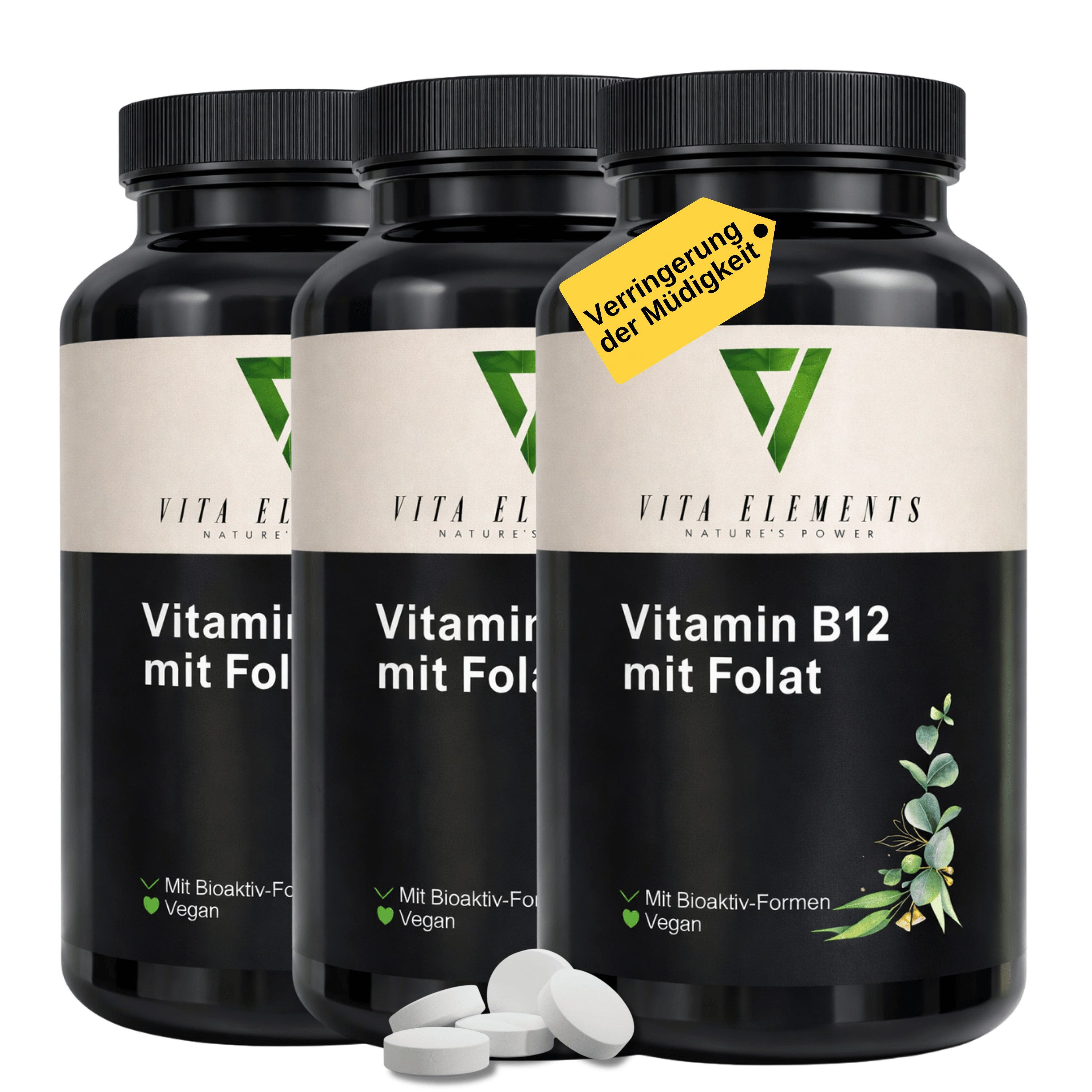Vita Elements 3er Set Vitamin B12 mit Folat Tabletten, 540 Stk. Vegan Frei von Gentechnik Ohne unnötige Zusätze Laborgeprüft