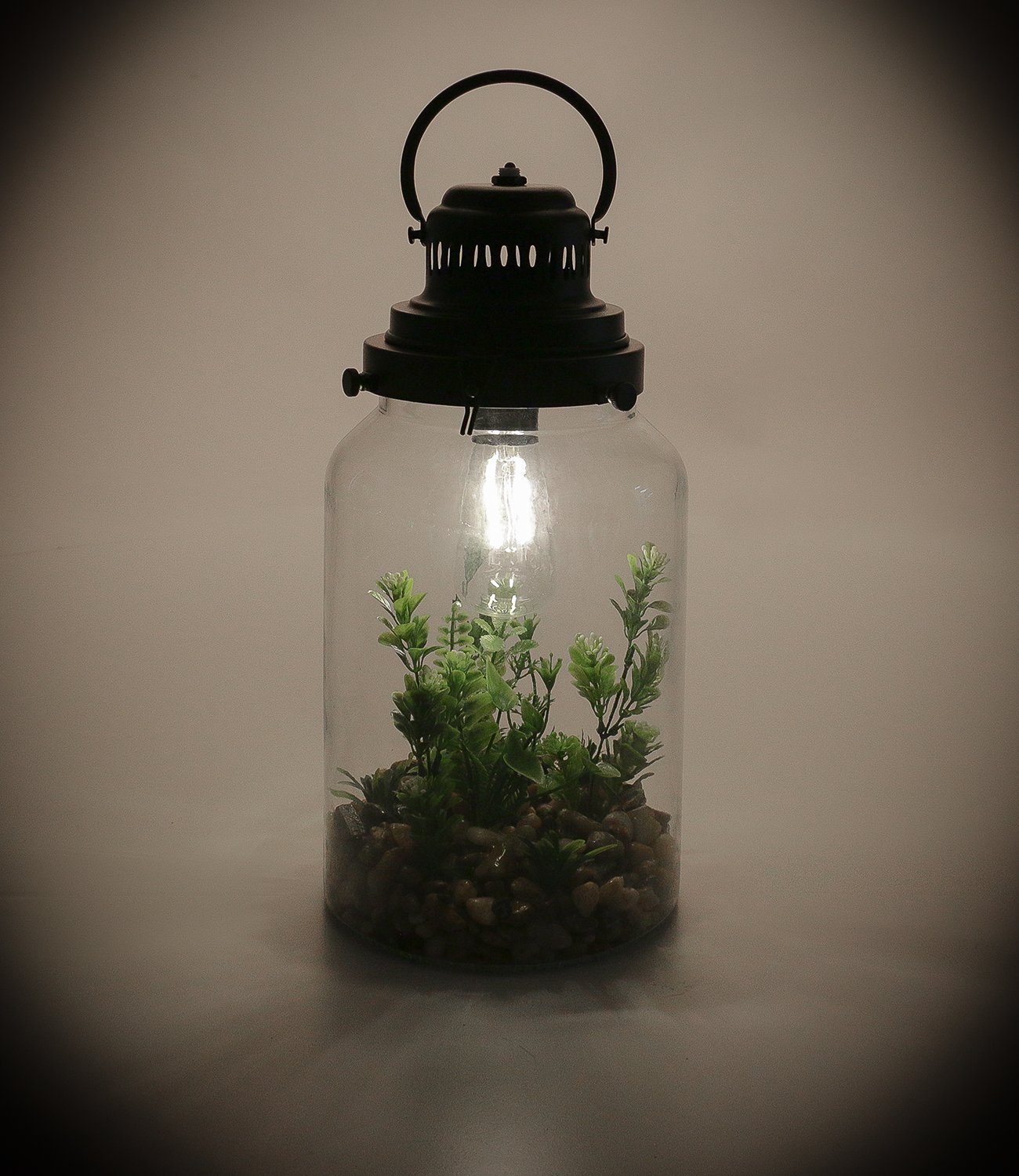Bubble-Store Kerzenlaterne Glaslaterne, Retro-Design-Lampe (Laterne gefüllt auf Metalldeckel Kiesbett), mit mit Kunstpflanzen LED Laterne LED-Glühbirne, Glaslaterne, mit