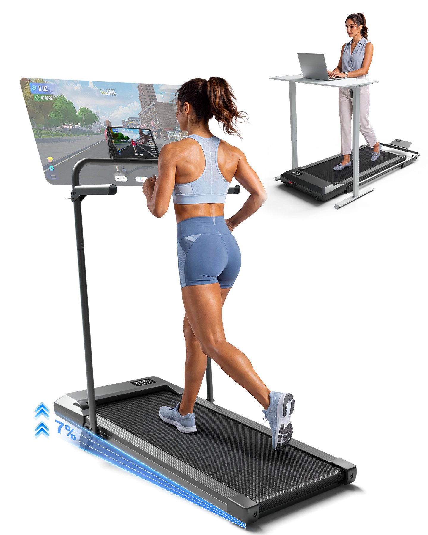 SUPERUN Laufband Walking Pad mit Steigung 7% Kleines Leise mit App (1-tlg), 2,5-HP-Motor, leistungsstark und leise (45 dB)