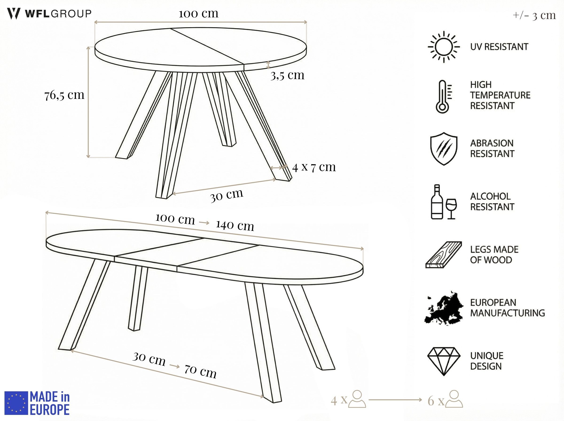 WFL GROUP Esstisch Ravano ausziehbar rund modern mit Schwarzen Holzbeinen (MADE IN EU, drei Größen – 100 cm, ausziehbar auf 140/180 cm), platzsparender Tisch für kleine Küche, Esszimmer oder Wohnzimmer