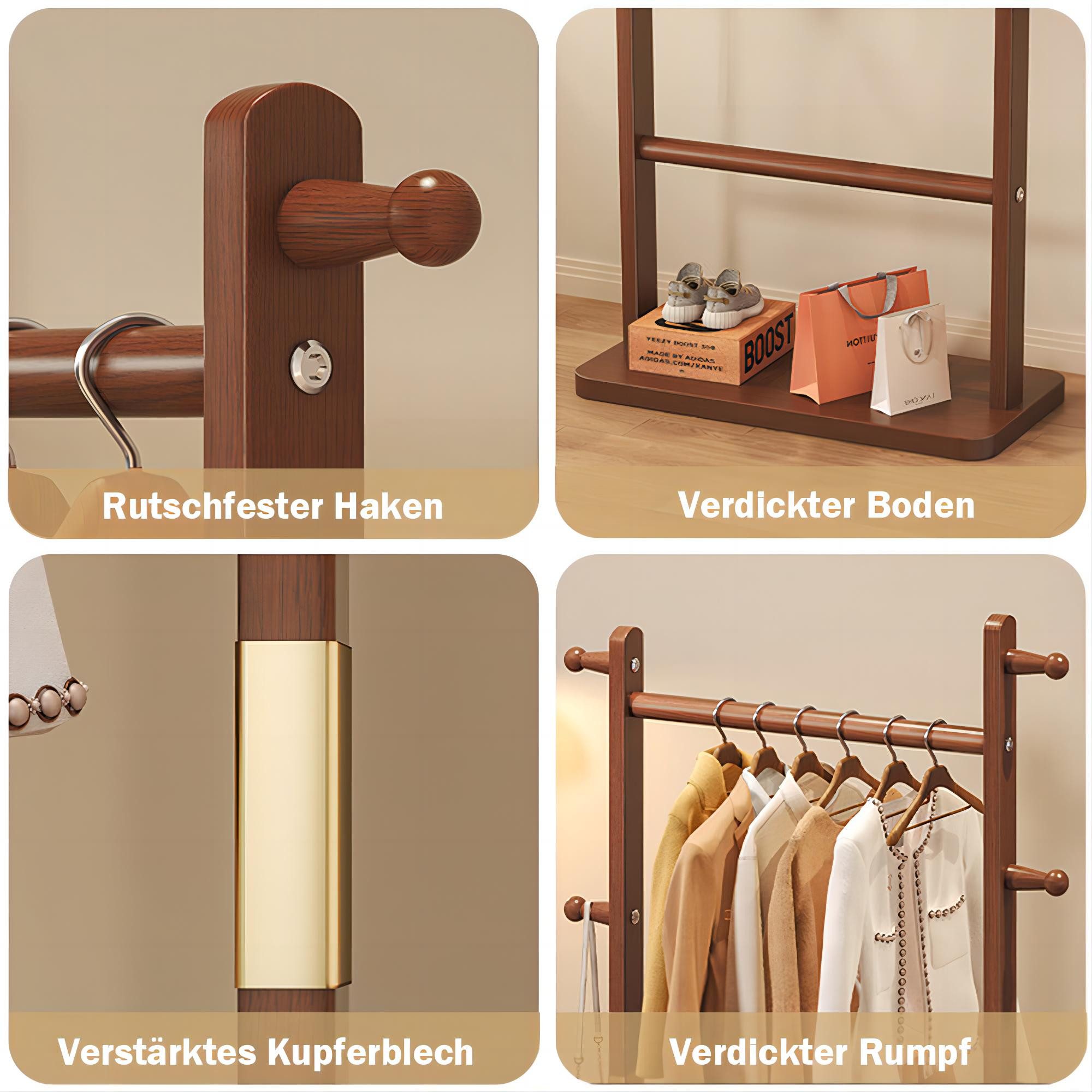 TUWENA Kleiderständer Garderobenständer Holz, freistehender Kleiderständer mit Kleiderstange, Vertikaler Ständer mit Haken für Kleidung, Hüte, Flur, Eingangsbereich