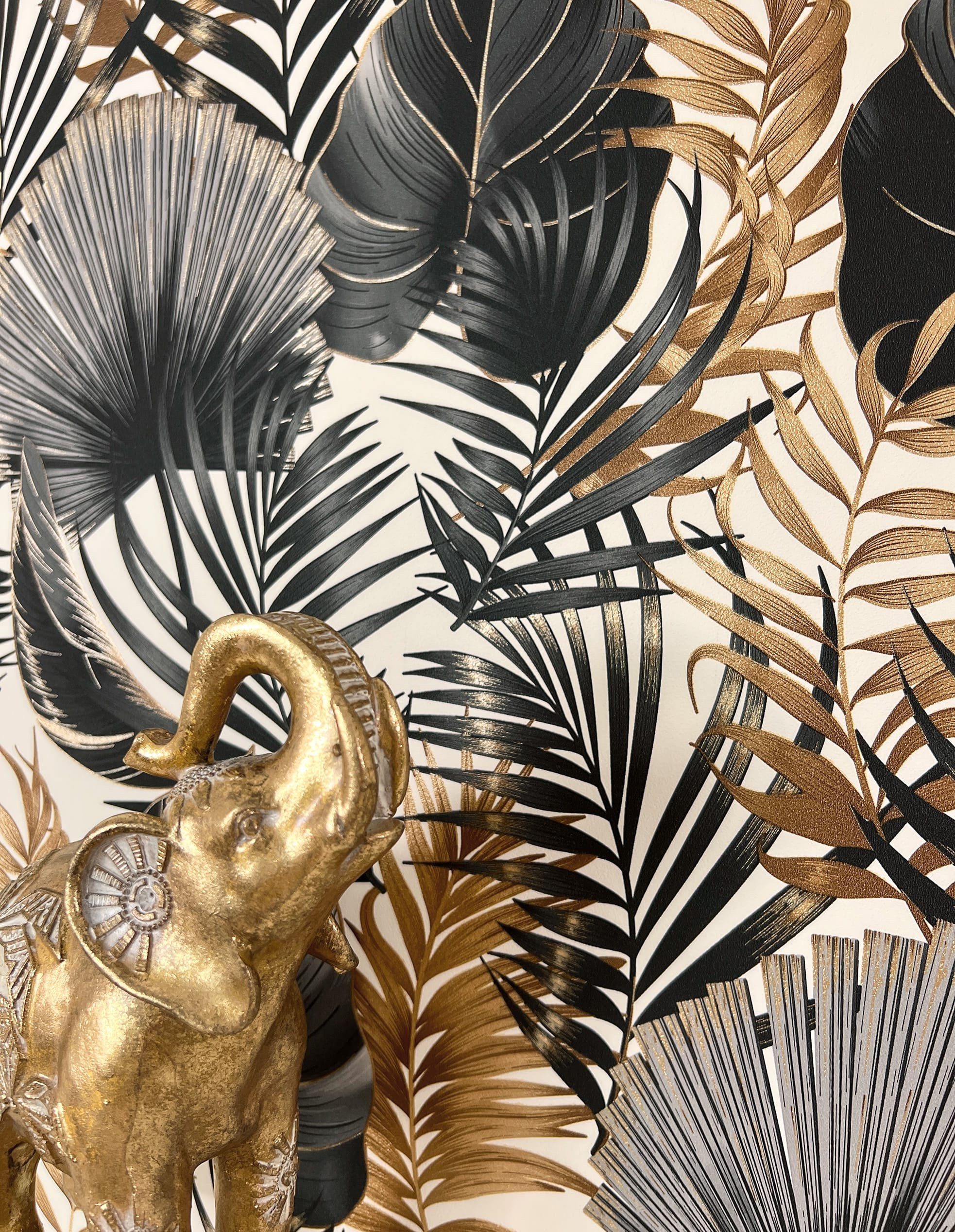 Newroom Vliestapete, Schwarz Tapete Modern Dschungel - Dschungeltapete Palmen Anthrazit Bronze Tropisch Floral Blätter Palmenblätter für Wohnzimmer Schlafzimmer Küche