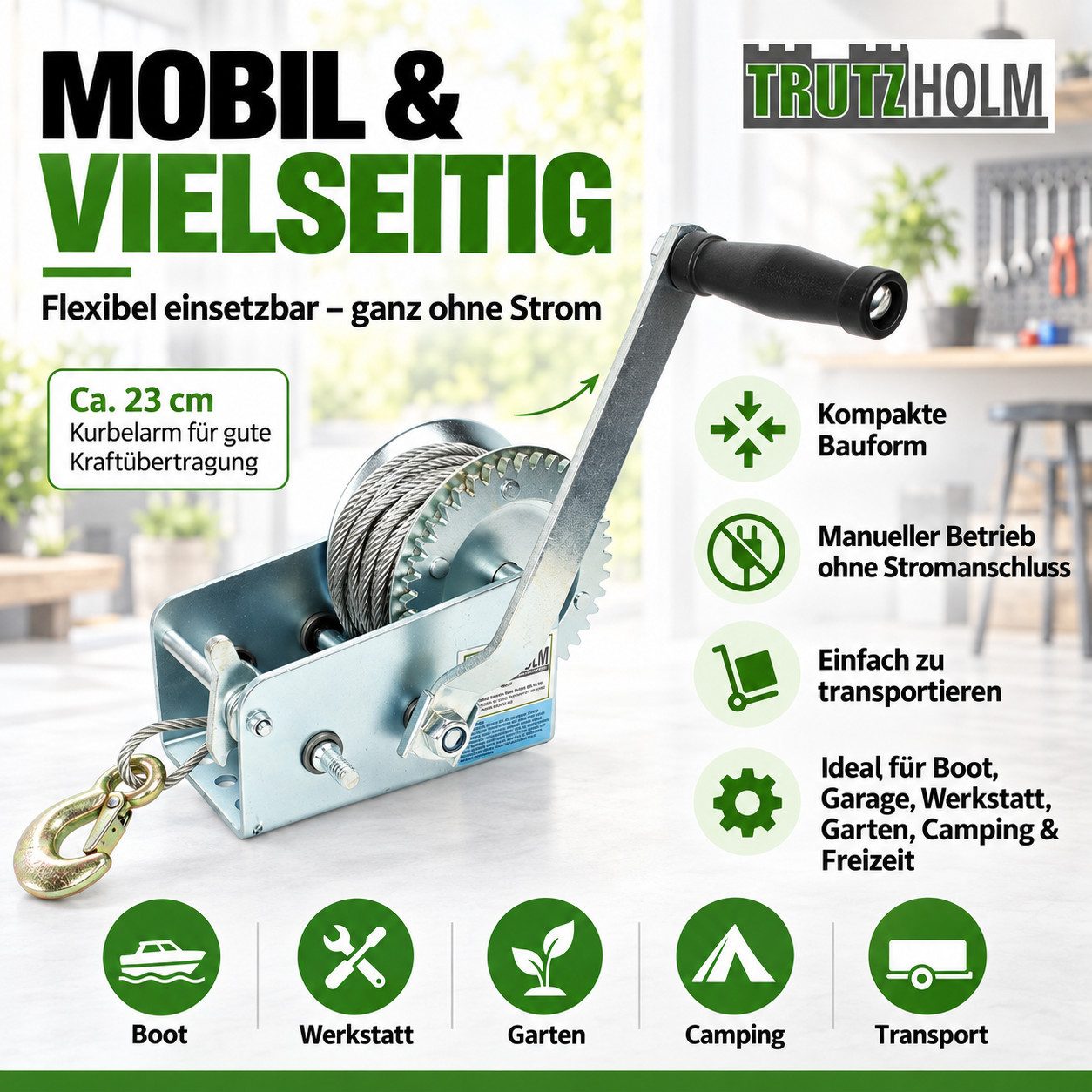 TRUTZHOLM Seilwinde Handseilwinde 1130 kg 10 m, (Produkt, 1-St), Handkurbellänge: ca. 23 cm – Bild 5 von 5