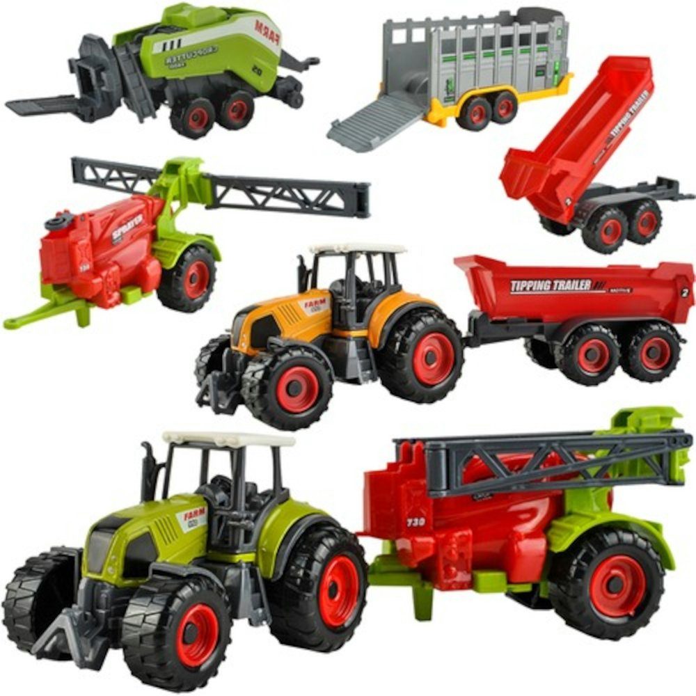 ISO TRADE Spielzeug-Traktor Farm Maschinen, (Set, 6-tlg., Kinder Spielzeug Farmer Set), Trecker Traktor Anhänger Kipper Heupresse 6 teilig