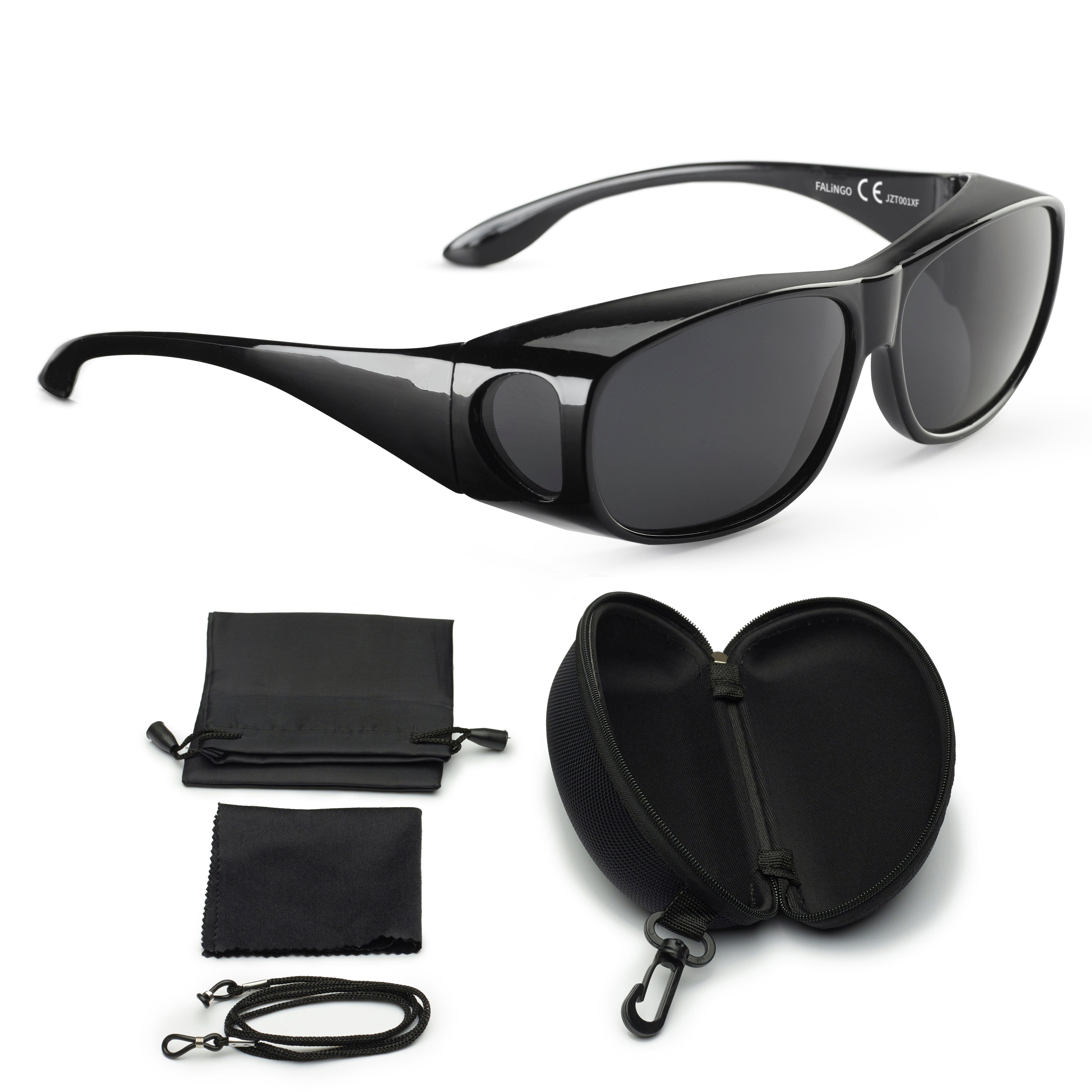 FALINGO Sonnenbrille Überzieh Sonnenbrille Überziehbrille CLASSIC EDITION polarisiert UV400 Extrablenden an Ober- und Unterseite schützen vor Sonne und Wind