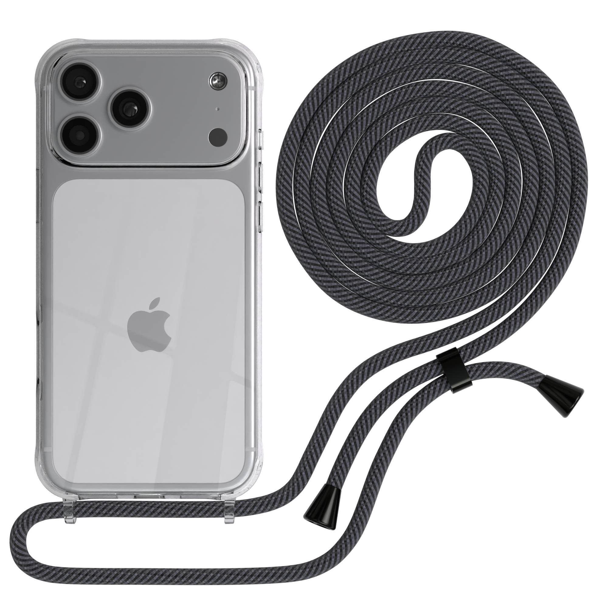 EAZY CASE Handykette Hülle mit Kette für Apple iPhone 17 Pro Max 6,9 Zoll, Handykette zum Umhängen Hülle mit Kordel Rundes Band Grau Schwarz
