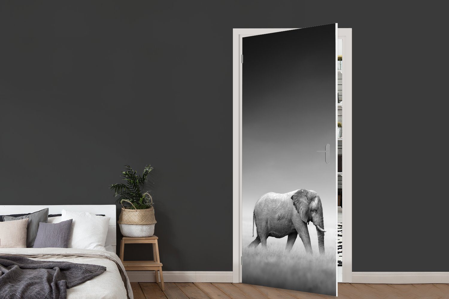 Tiere Tür, für - - MuchoWow Fototapete - (1 - Türaufkleber, Elefant Schwarz bedruckt, weiß Türtapete Landschaft Matt, Zebra, 75x205 St), und cm