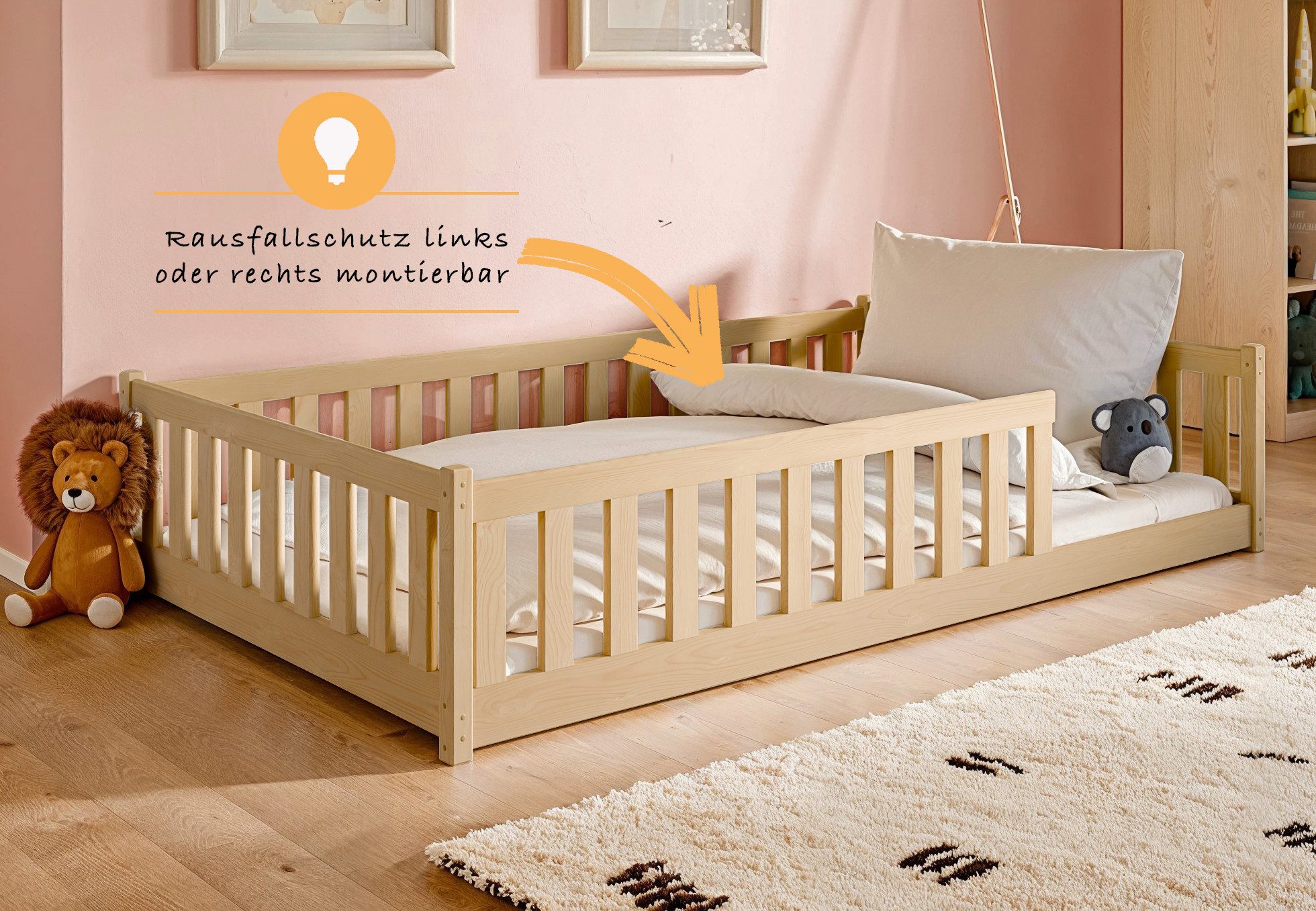 Kids Collective Kinderbett Bodenbett Bett mit Rausfallschutz & Lattenrost Montessori Bett Kinder (Jungen, Mädchen, Kinder, weitere Größen 80x160, 80x180, 90x190 – Bild 4 von 5
