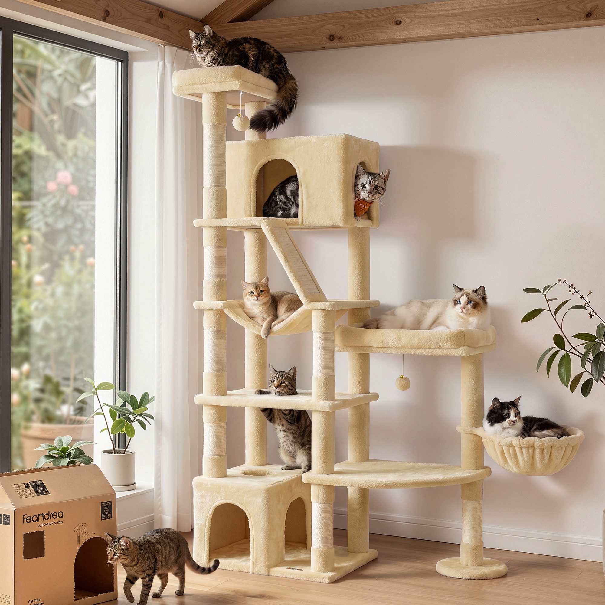 FEANDREA Kratzbaum Großer Katzenbaum mit Sisalstämmen, Mehrstöckiger Kletterbaum, mit Kratzbrett, Katzenturm für Mehrere Katzen, 105 x 45 x 188 cm