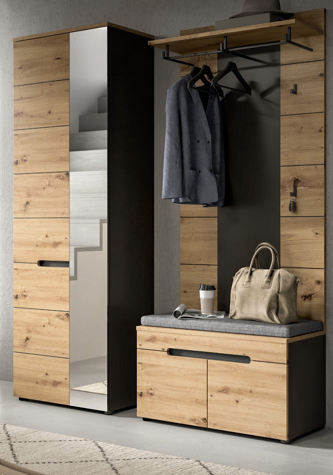 Inn.Furn Шкафы-Set Cooper, (Flurgarderobe in Eiche Artisan und Basalt grau, 3-teilig, 160 x 195 cm), mit Soft-Close-Funktion