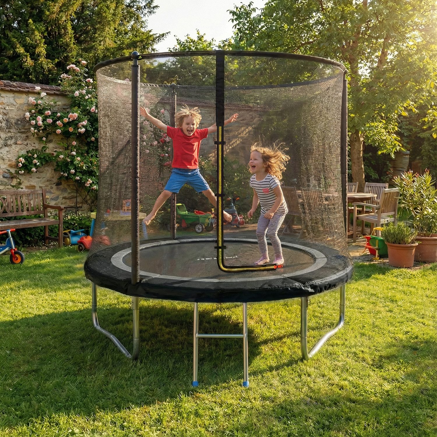 GUNJI Gartentrampolin 183/222/290/360 cm Kindertrampolin für den Garten, Ø 222 cm, (Ausgestattet mit Sicherheitsnetz, Trampolin und Leiter; Tragkraft 150 kg)