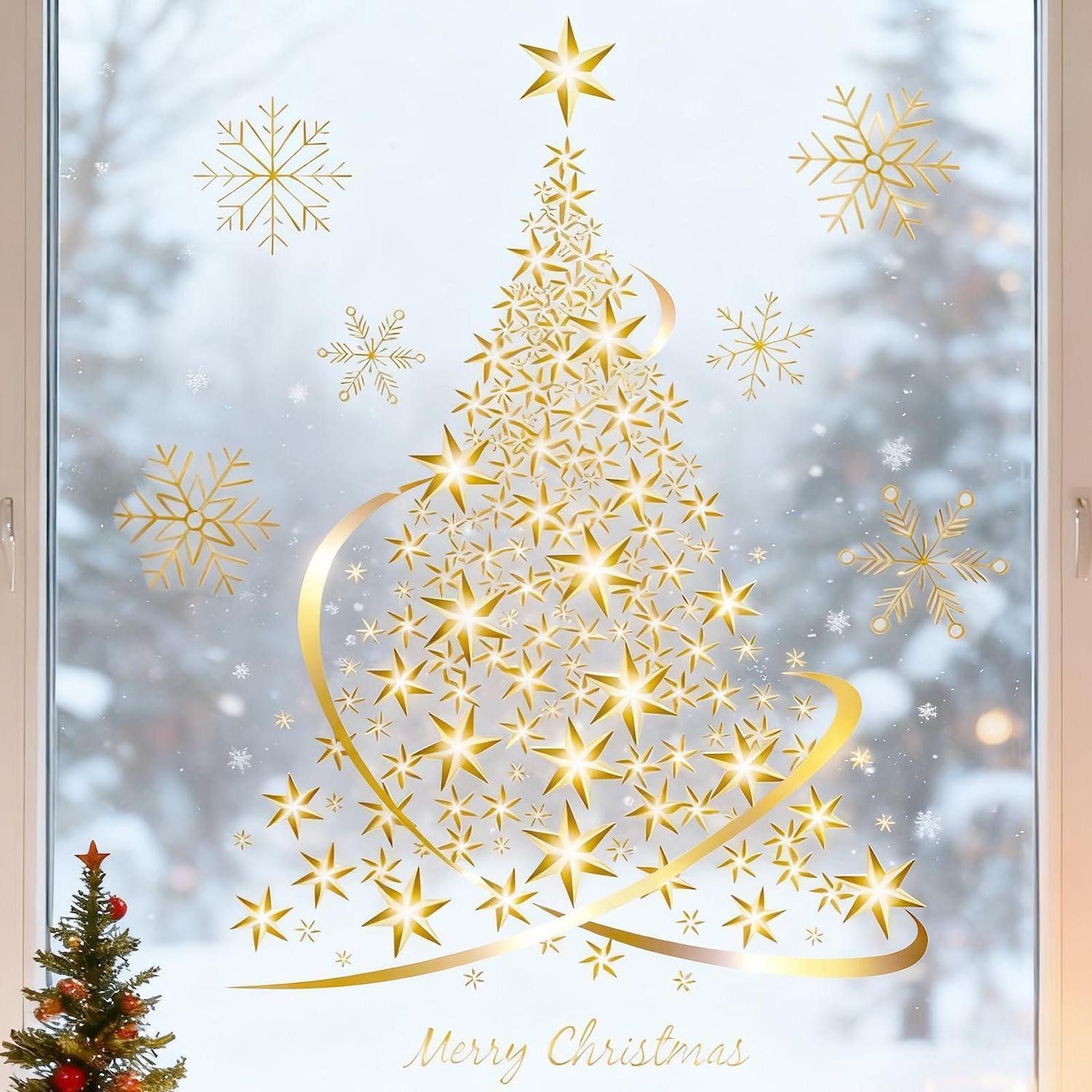 LuxusKollektion Fensterbild Fenstersticker Weihnachten Gold Weihnachtsbaum Schneeflocken