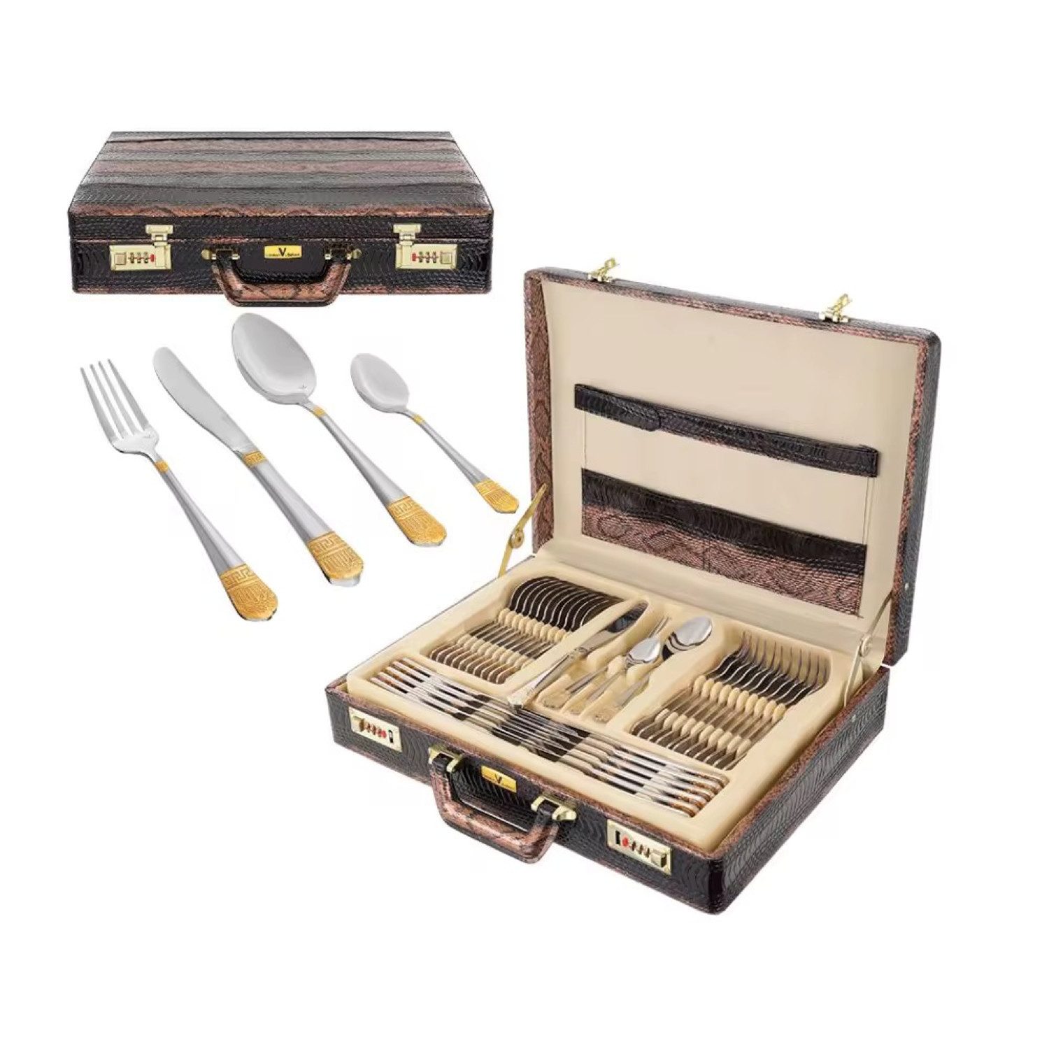 Schatzkiste1 Футляры для столовых приборов Столовые приборыkasten 24k 72 Teile 12 Personen Luxus Столовые приборы Set Lederkoffer, 12 Personen, 72 teile 18/10 Edelstahl Vergoldet Hochwertig