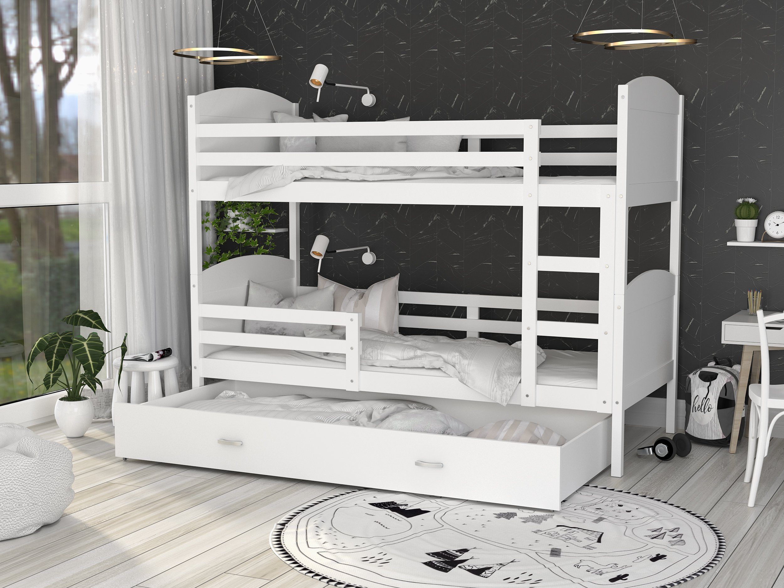 Siblo Kinderbett Mati (Flexibler Lattenrost, Schublade, Sicherheitsbarriere), Massivholz, Möbelplatte Weiß