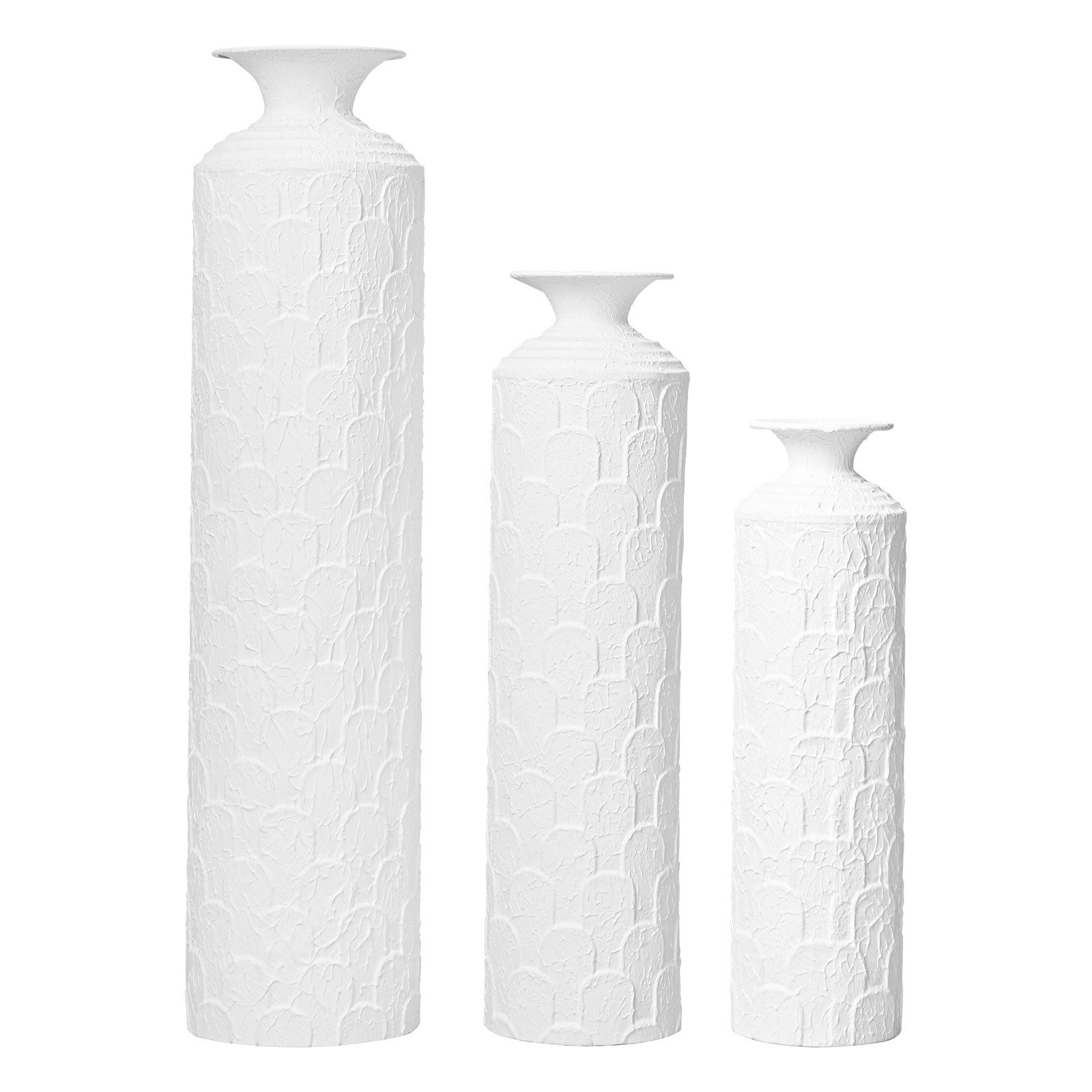 LVHOM Dekovase Bodenvase, Tischvase, 3 tlg. Geometrisches Metall-Vasen-Set, Weiß (drei Höhen (50 cm, 66 cm, 83 cm), Handgefertigt aus Metall. Langlebig & makellos. Exklusiv für Trockenblumen/Pampas & Stil, Ideal als Raumteiler, Pflanzübertopf, Solitärobjekt kreativ gestapelt)