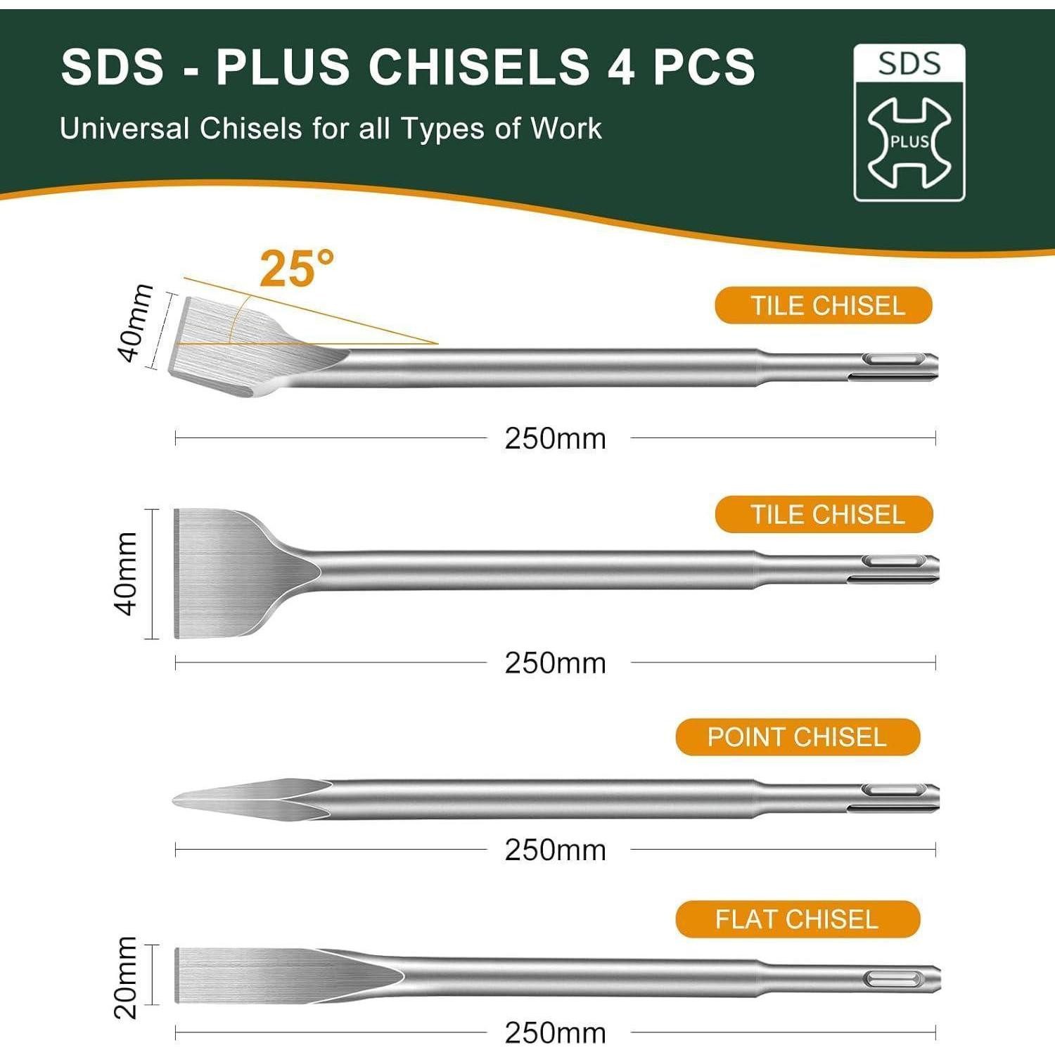 LuxusKollektion Meißel-Set Meißelset SDS Plus 4tlg Fliesenmeißel Spitz Flach 250 mm
