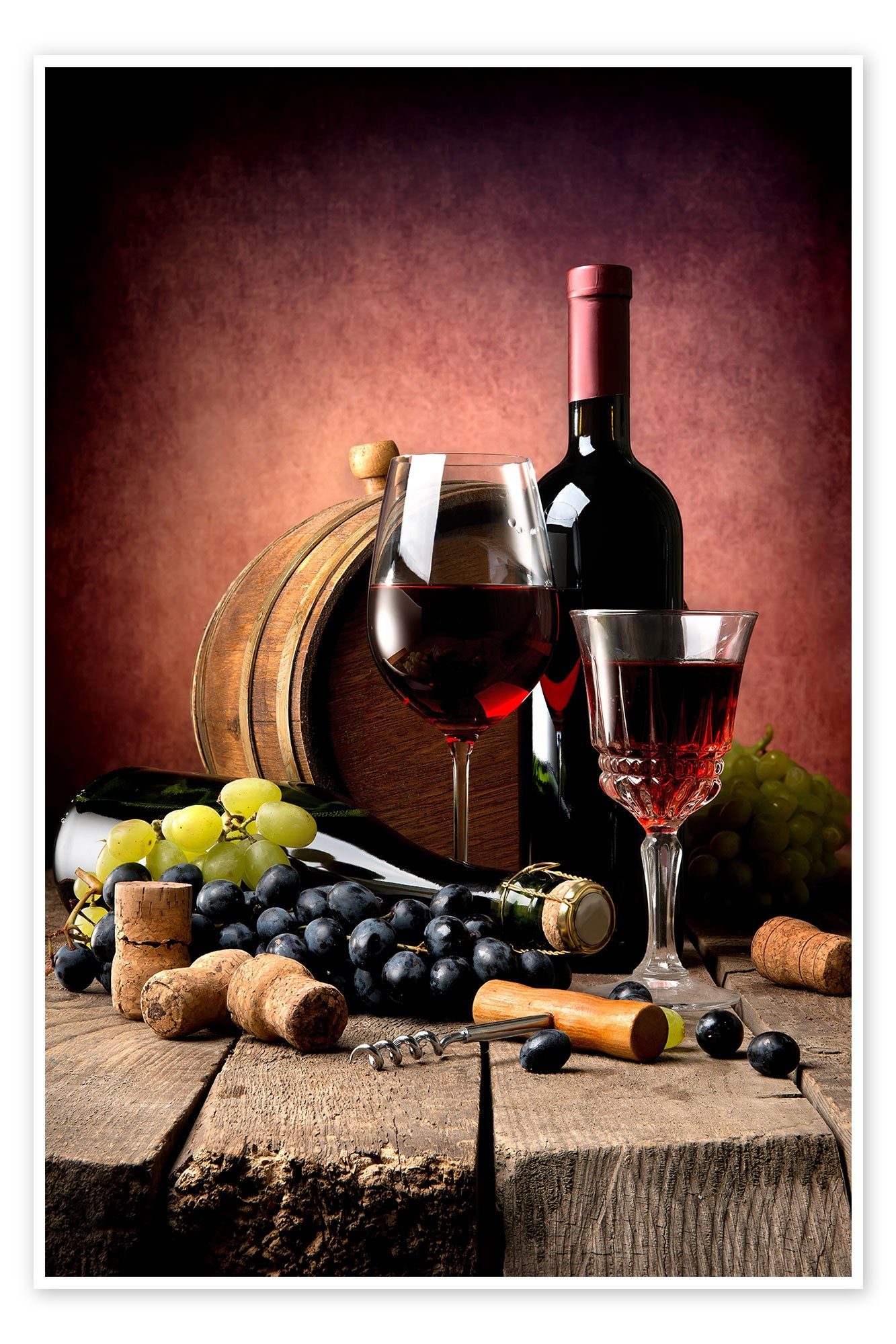 Posterlounge Poster Editors Choice, Rotwein mit Trauben und Korken, Küche Rustikal Fotografie