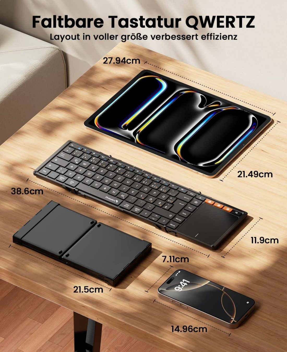 ProtoArc XK01 TP Bluetooth Tastatur Faltbare mit Touchpad Tastatur mit Touchpad (Tastatur Kabellos Klappbare QWERTZ Deutsch)