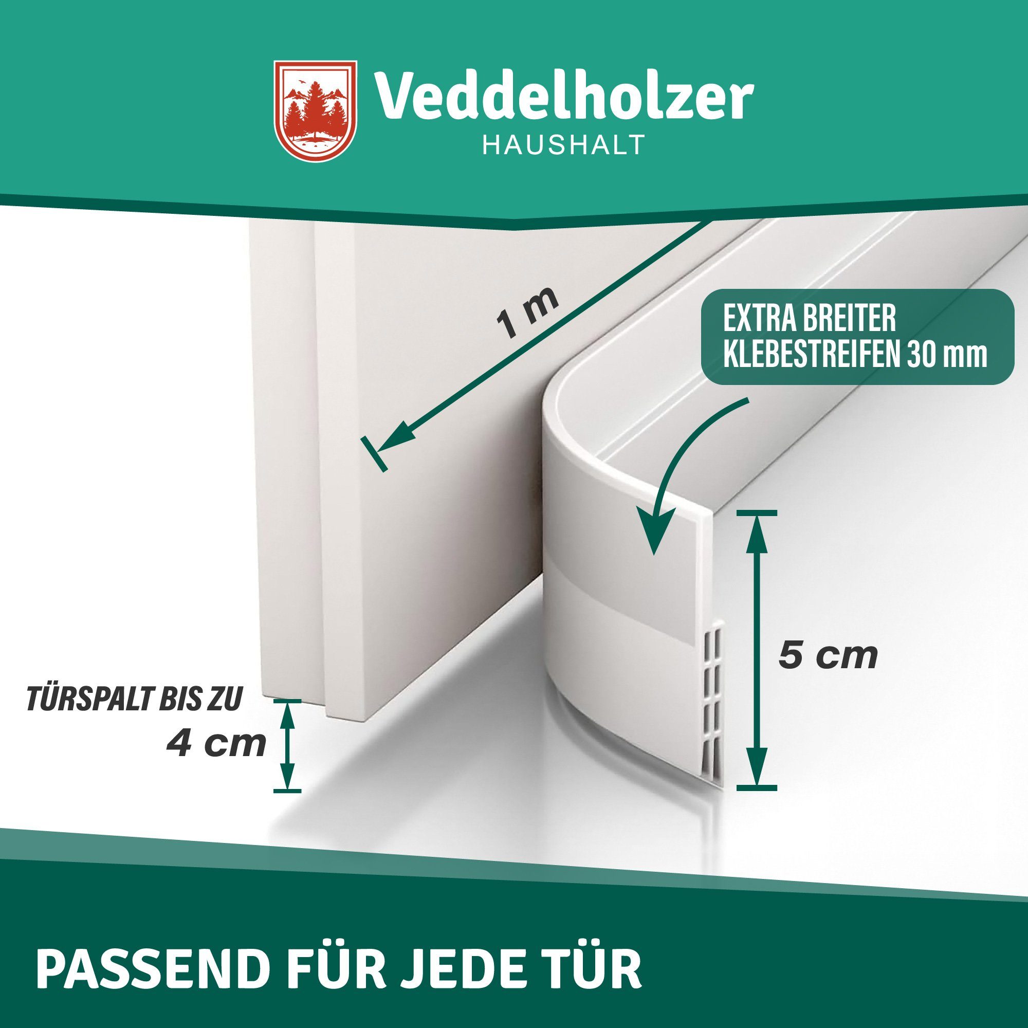Veddelholzer Türbodendichtung 2 x 1 m zuschneidbar Türdichtung selbstklebend Zugluftstopper, (perfekter Schallschutz Tür sowie Insekten & Geruchsschutz), Türdichtung unten weiß & braun