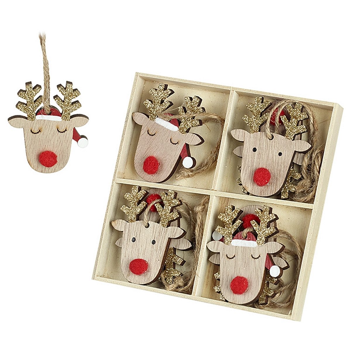 Heaven Sends Christbaumschmuck 8 schimmernde Rentier Deko-Hänger im Holzkästchen