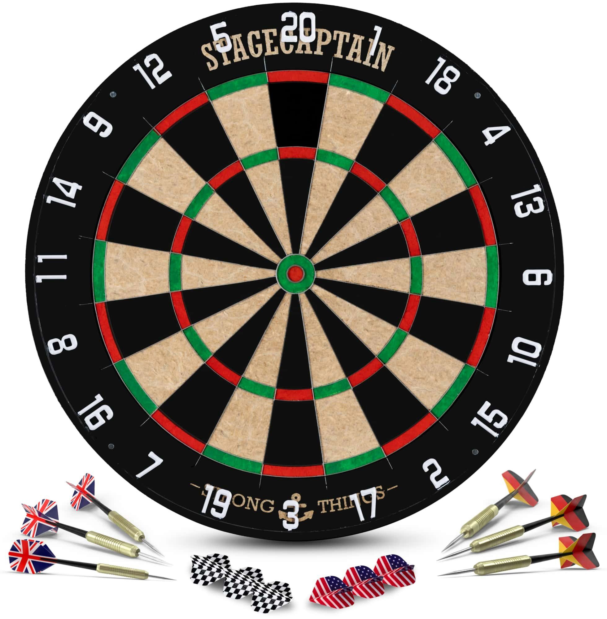 Stagecaptain Dartscheibe DBS-1715C BullsEye Champion, (Dartboard-Set, 18-tlg., inkl. 6 Dartpfeilen und 12 Flights), Steeldartscheibe aus Sisal mit dünnen Drähten