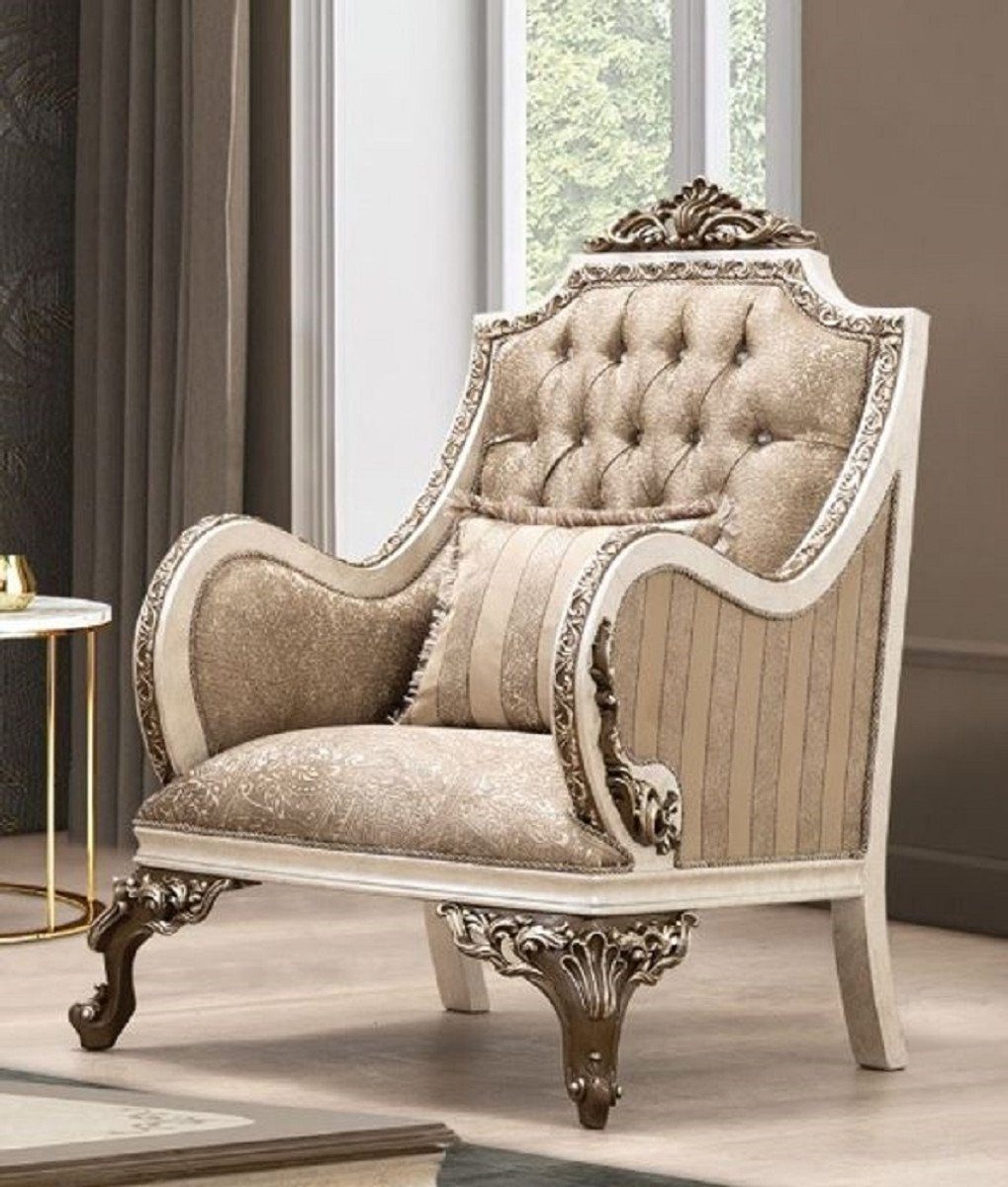 Casa Padrino Sessel Luxus Barock Sessel Beige / Cremefarben / Braun / Gold - Prunkvoller Wohnzimmer Sessel mit elegantem Muster - Barock Wohnzimmer Möbel