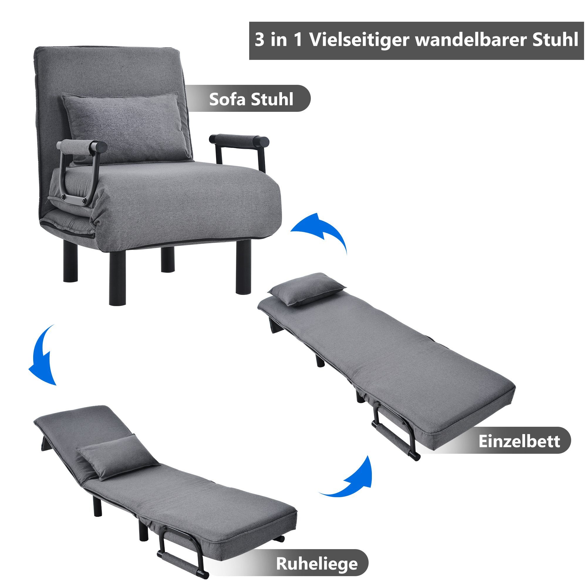 WISHDOR Schlafsofa Schlafsessel verstellbare Couch, Relaxsessel Bett Positionen 6 Stuhl Sessel Polsterstuhl Grau mit Rückenlehne