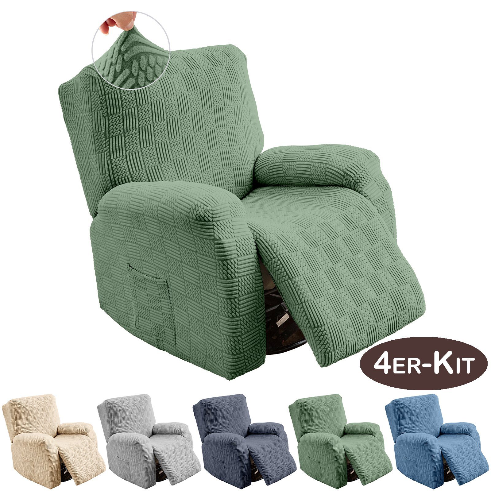 BTTO, Heimdekoration Sesselhusse für Möbelschutz Liegestuhlbezug Stretch Jacquard- Grün Teile 4 5 Farben Einfarbig, Relaxsesselhusse
