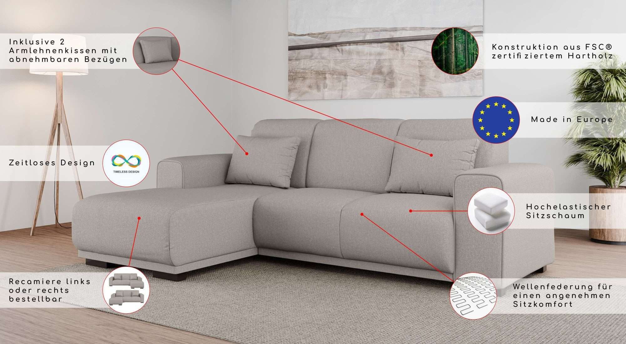 OTTO home Ecksofa BORNHOLM L-Form, B: 234 cm - OTTO. Verlässliche Qualität., Recamiere links oder rechts bestellbar, Wellenfederung, inkl. 2 Kissen