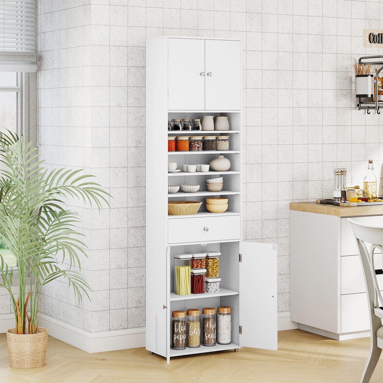 KOMFOTTEU Hochschrank Badezimmerschrank Mehrzweckschrank mit 5 offenen Regalen & verstellbaren Einlegeböden
