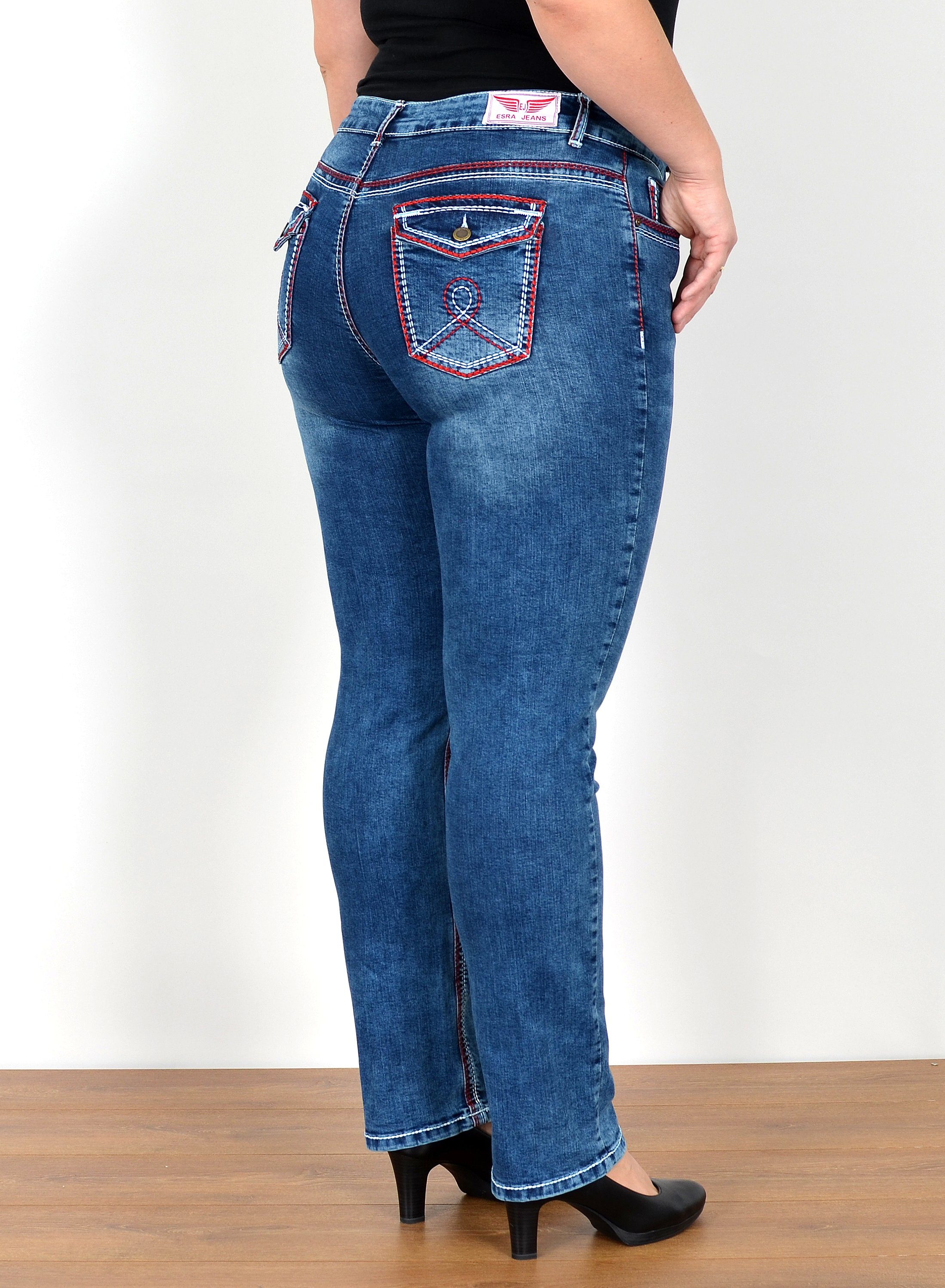 ESRA Straight-Jeans FG12 Straight Fit Jeans Damen High Waist Hose Kontrastnähte bis Plus Size