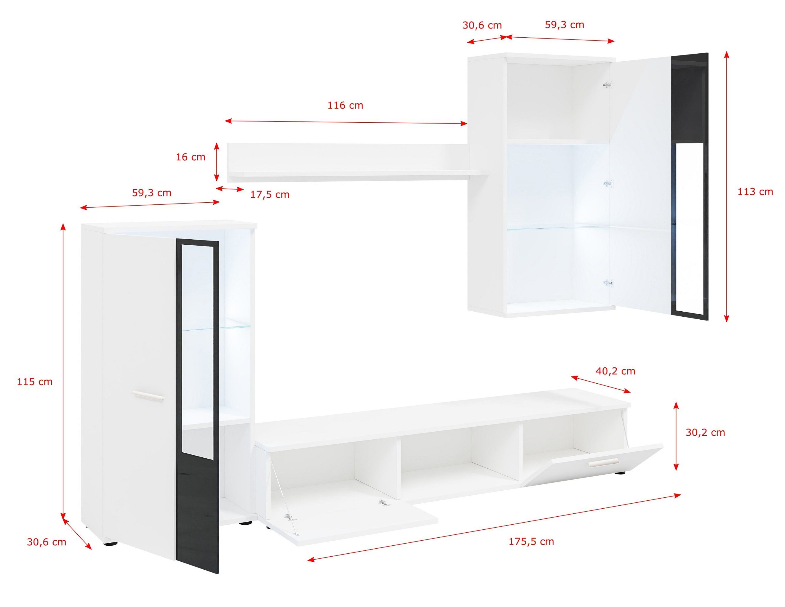 Furnix Schrank-Set Hochschrank, Mediawand Schrank-Set Regal mit 4-teilig Weiß Hängevitrine, TV-Schrank, SARAI 240x180x40,2 cm