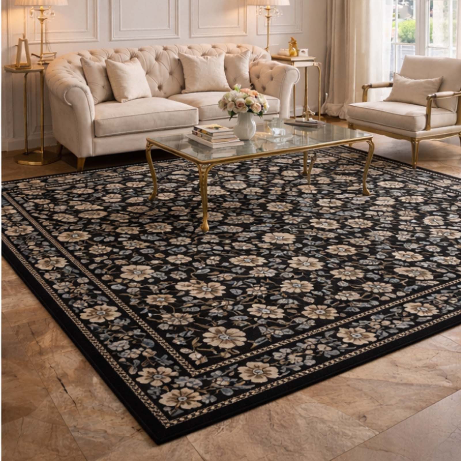 TaraCarpet Teppich TaraCarpet Flora Wohnzimmer,Schlafzimmer,Esszimmer, rechteckig, Höhe: 9 mm, Wohnzimmer, Schlafzimmer, Esszimmer Floral anthrazit 133x195