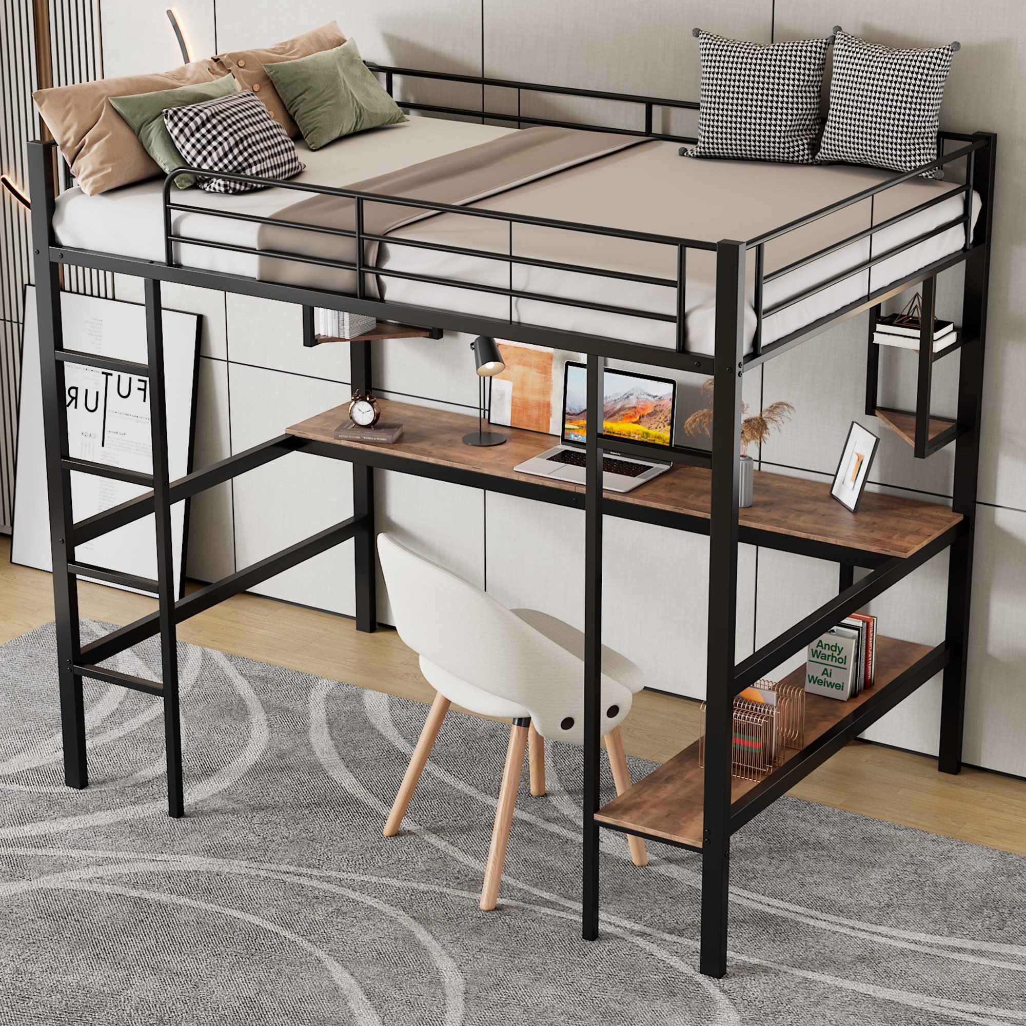 MODFU Hochbett Metallbett mit Geländer (Jugendbett, Stockbett, mit Schreibtisch & Regal, 90x200cm) ohne Matratze