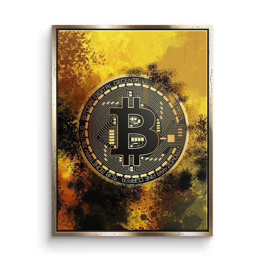 DOTCOMCANVAS® Leinwandbild, Premium Leinwandbild - Crypto - Wild Bitcoin - Trading - Motivation goldener Rahmen