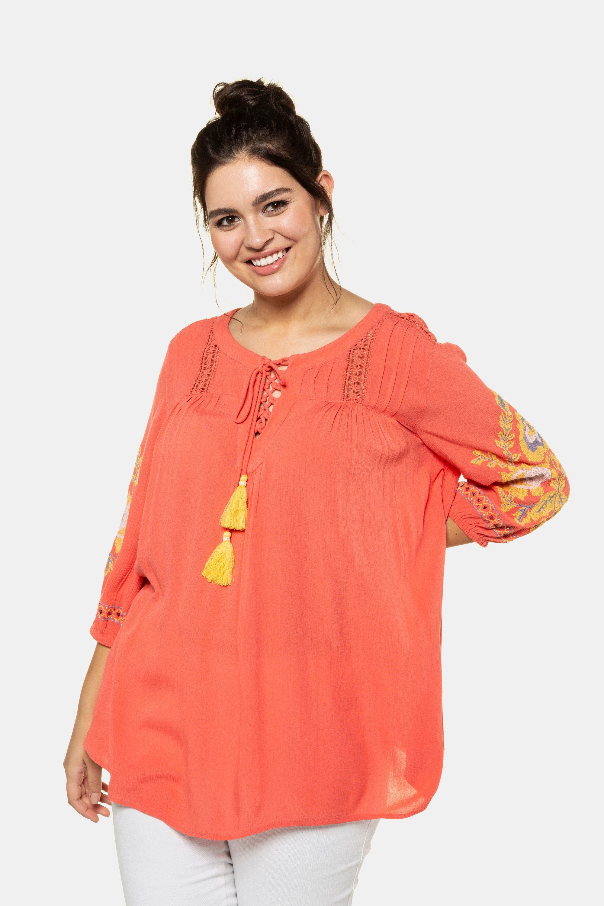 Ulla Popken Tunika bis 64 Tunika bestickte 3/4-Ärmel Schnürung