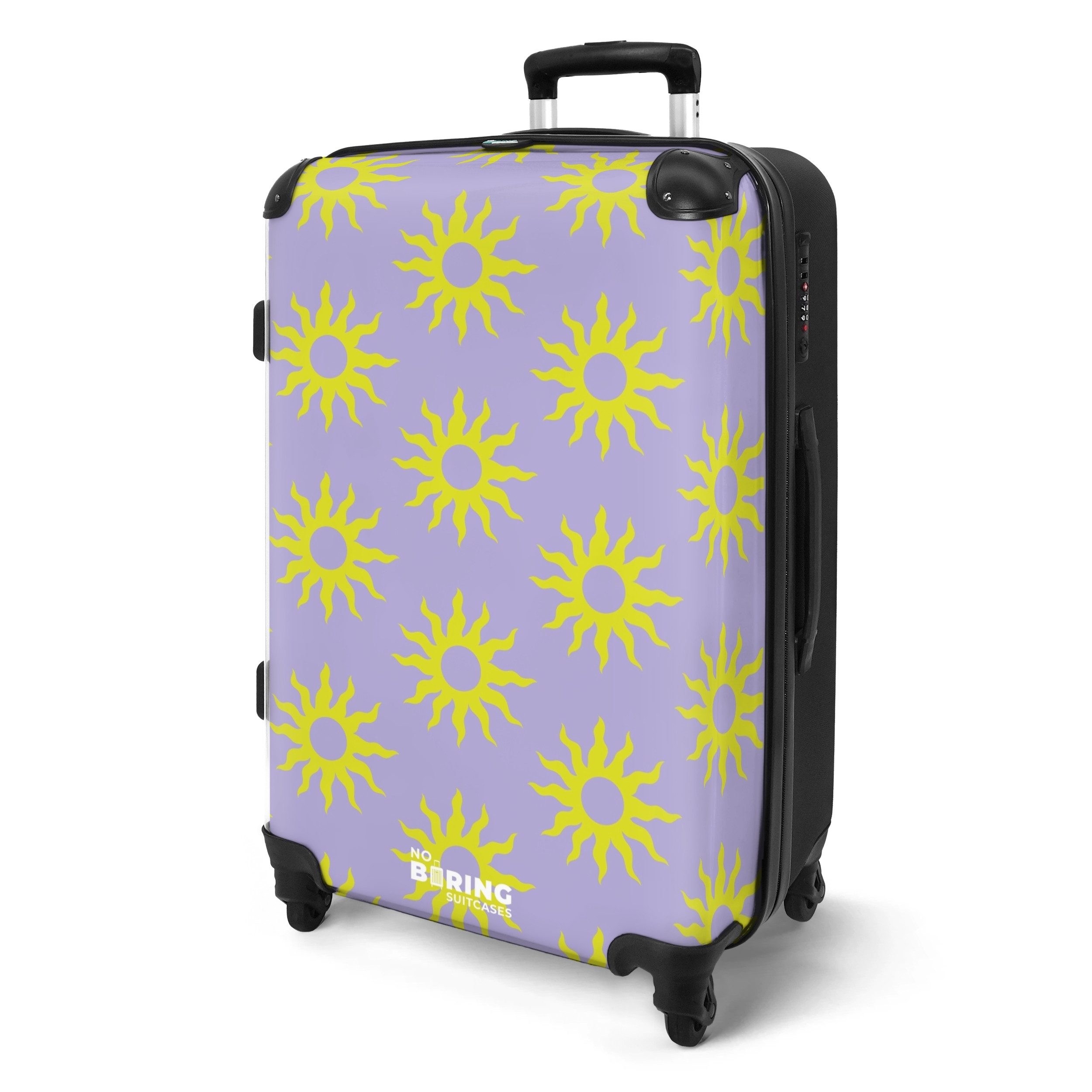 NoBoringSuitcases.com© Hartschalen-Trolley Lila mit gelben Sonnen günstig online kaufen