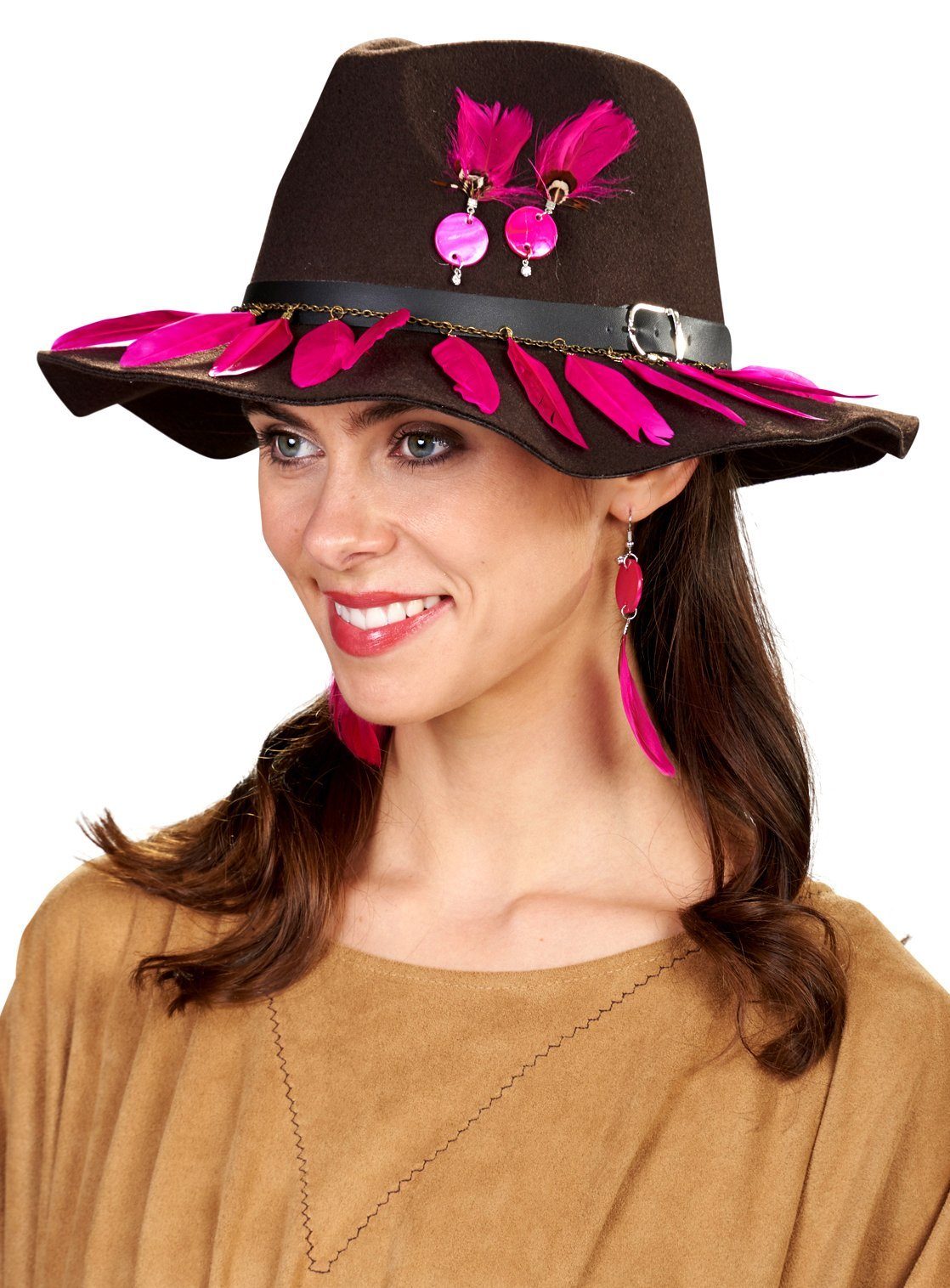 Metamorph Cowboy-Kostüm Cowboyhut mit Federdeko, Flachkrempiger Westernhut günstig online kaufen