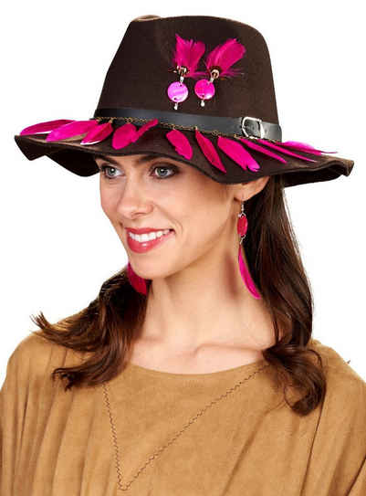 Metamorph Kostüm Cowboyhut mit Federdeko, Flachkrempiger Westernhut mit jeder Menge pinken Federn