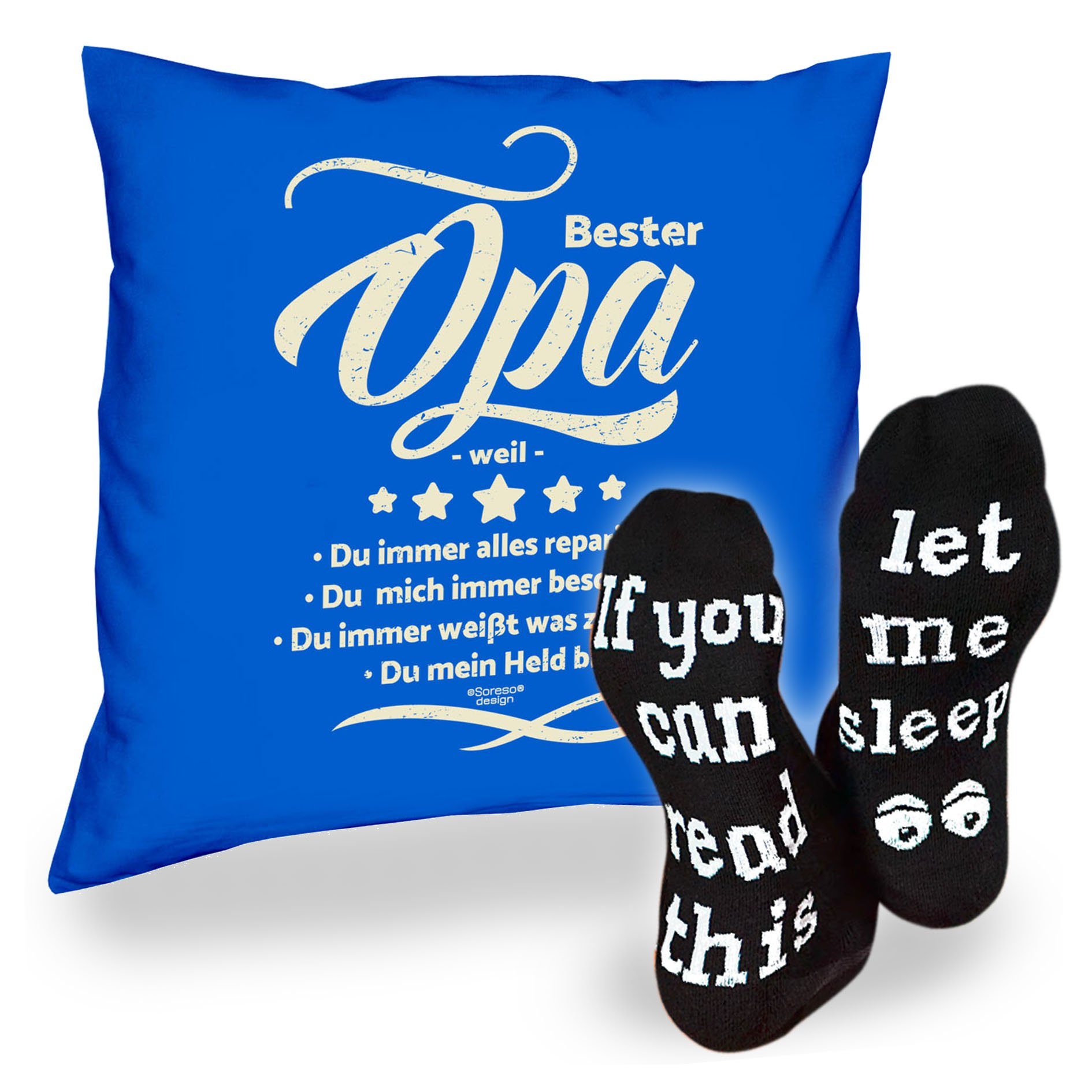 Dekokissen Soreso® Bester Kissen Socken Vatertagsgeschenk Opa Männer Sprüche royal-blau Sleep, weil & Opa